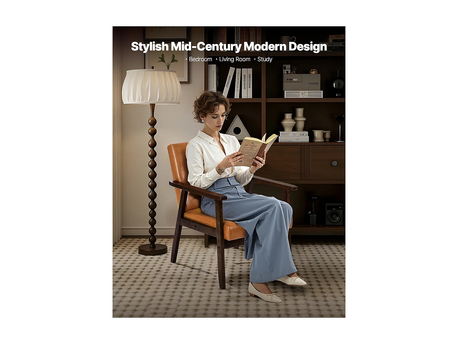 Fotel Dodatkowy SucceBuy, z Ramą z Litego Drewna i Antypoślizgowymi Nóżkami, Krzesło Akcentujące z Syntetyczną Skórą i Miękką Poduszką, do Sypialni, Biura