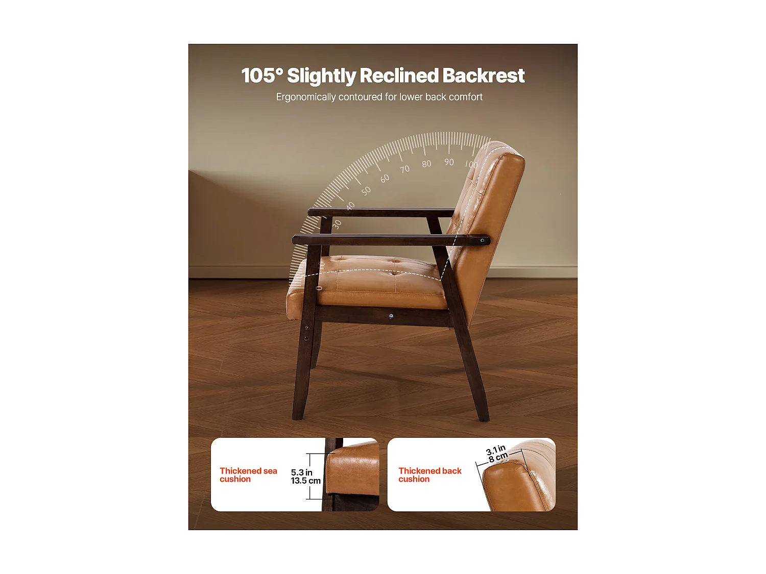 Fotel Dodatkowy SucceBuy, z Ramą z Litego Drewna i Antypoślizgowymi Nóżkami, Krzesło Akcentujące z Syntetyczną Skórą i Miękką Poduszką, do Sypialni, Biura