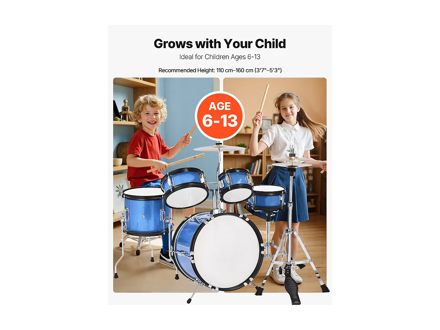 Batería para Niños SucceBuy, 5 Piezas, Batería para Principiantes, Bombo de 35,56 cm con Tom-tom, Caja de 20,32 cm, Tom Bajo de 25,4 cm, Asiento, Baquetas, Azul