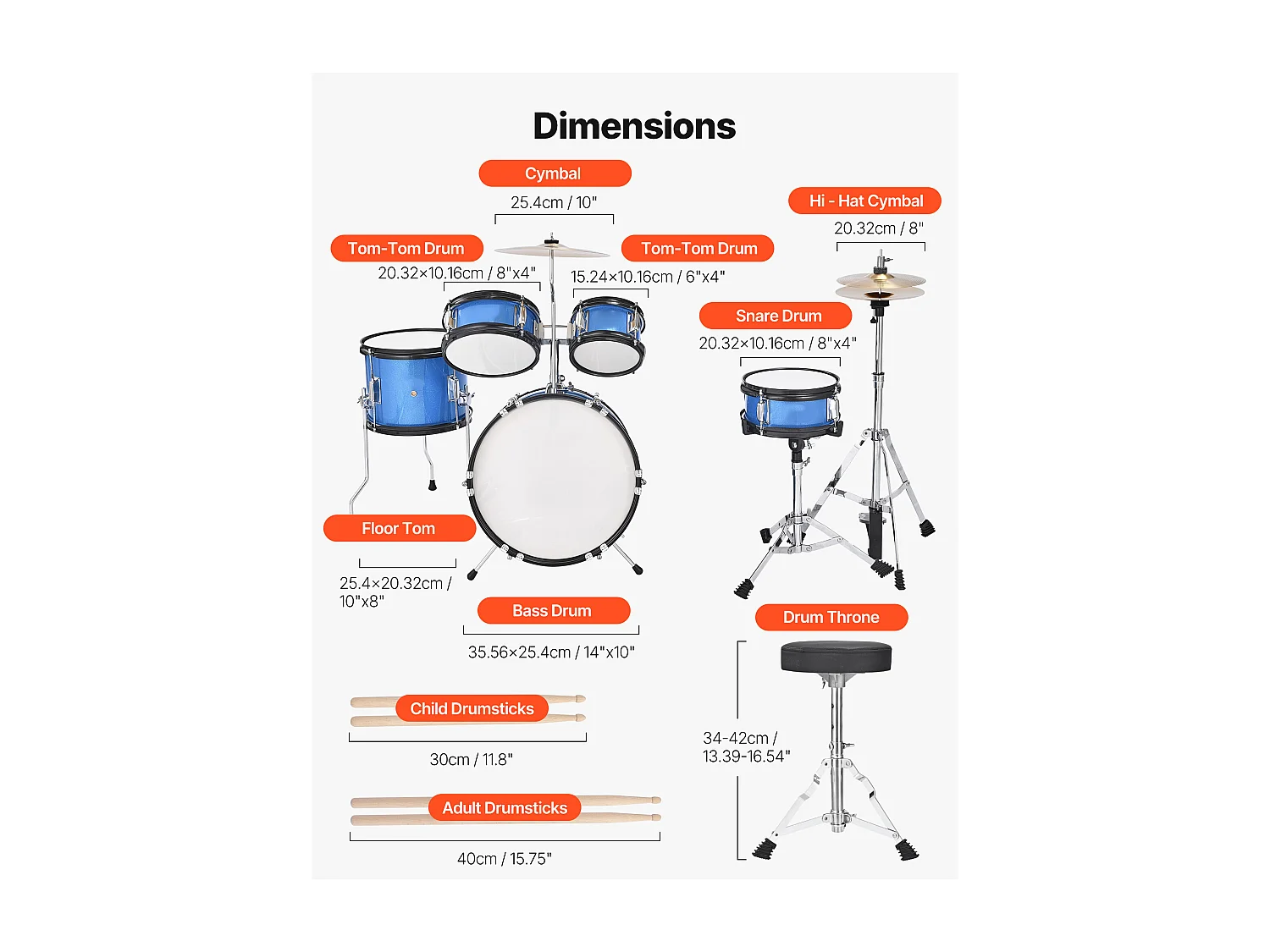 Batería para Niños SucceBuy, 5 Piezas, Batería para Principiantes, Bombo de 35,56 cm con Tom-tom, Caja de 20,32 cm, Tom Bajo de 25,4 cm, Asiento, Baquetas, Azul
