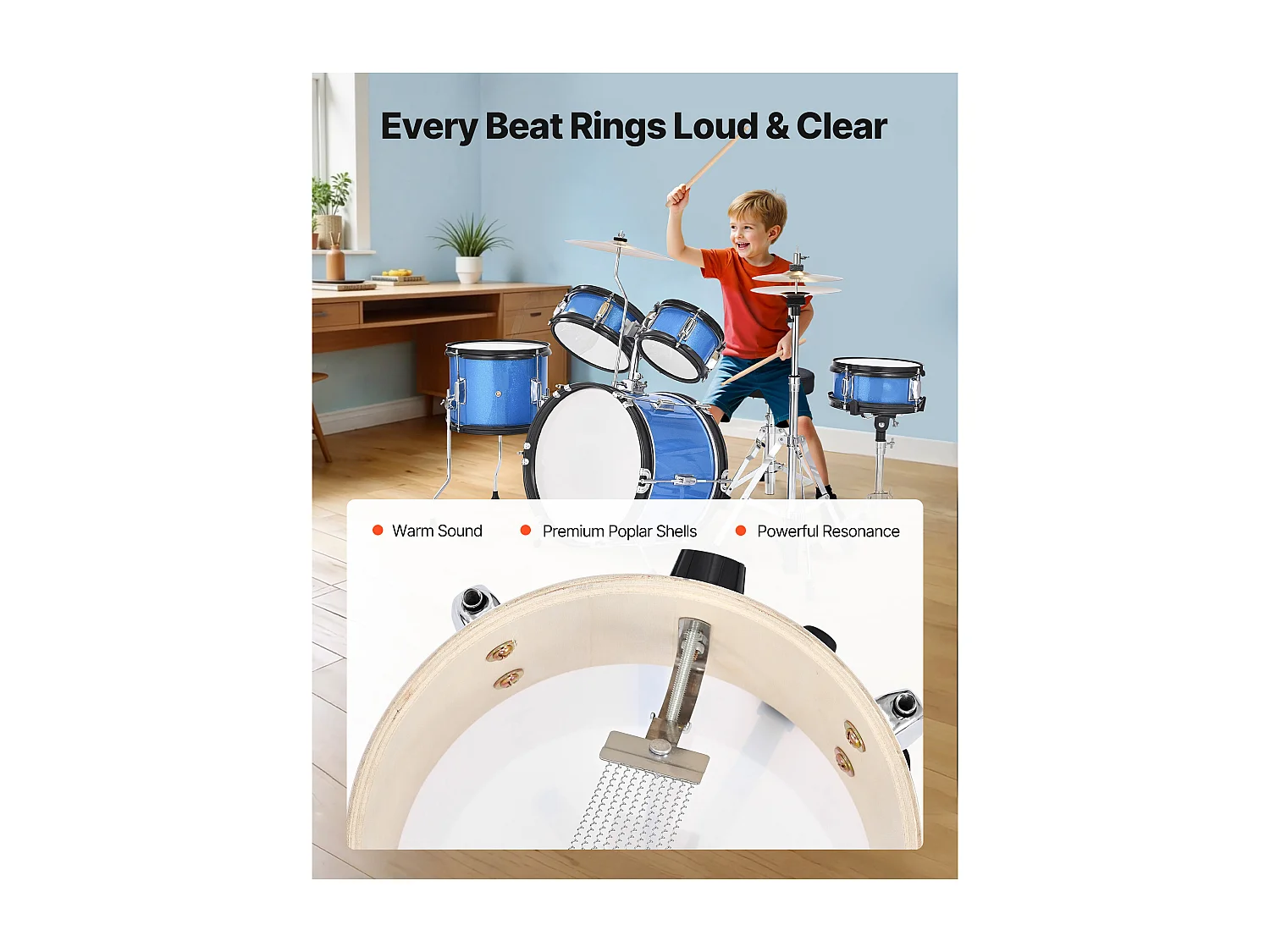 Batería para Niños SucceBuy, 5 Piezas, Batería para Principiantes, Bombo de 35,56 cm con Tom-tom, Caja de 20,32 cm, Tom Bajo de 25,4 cm, Asiento, Baquetas, Azul