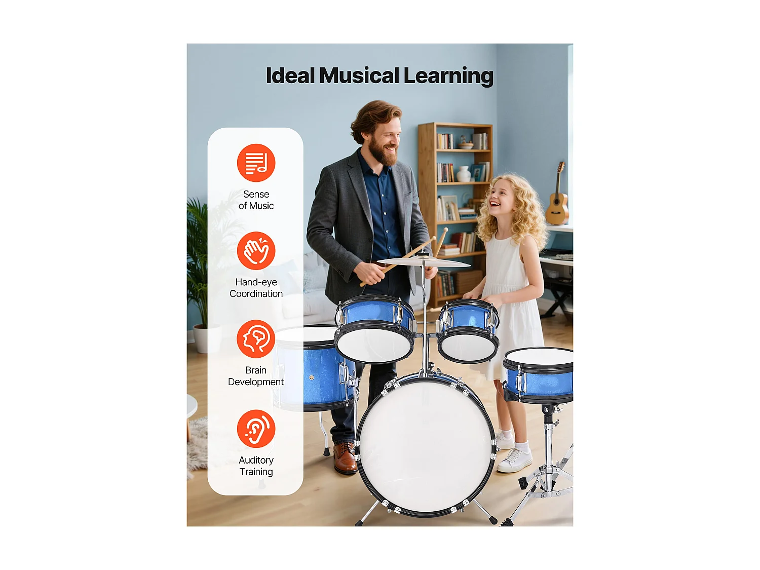 Batería para Niños SucceBuy, 5 Piezas, Batería para Principiantes, Bombo de 35,56 cm con Tom-tom, Caja de 20,32 cm, Tom Bajo de 25,4 cm, Asiento, Baquetas, Azul