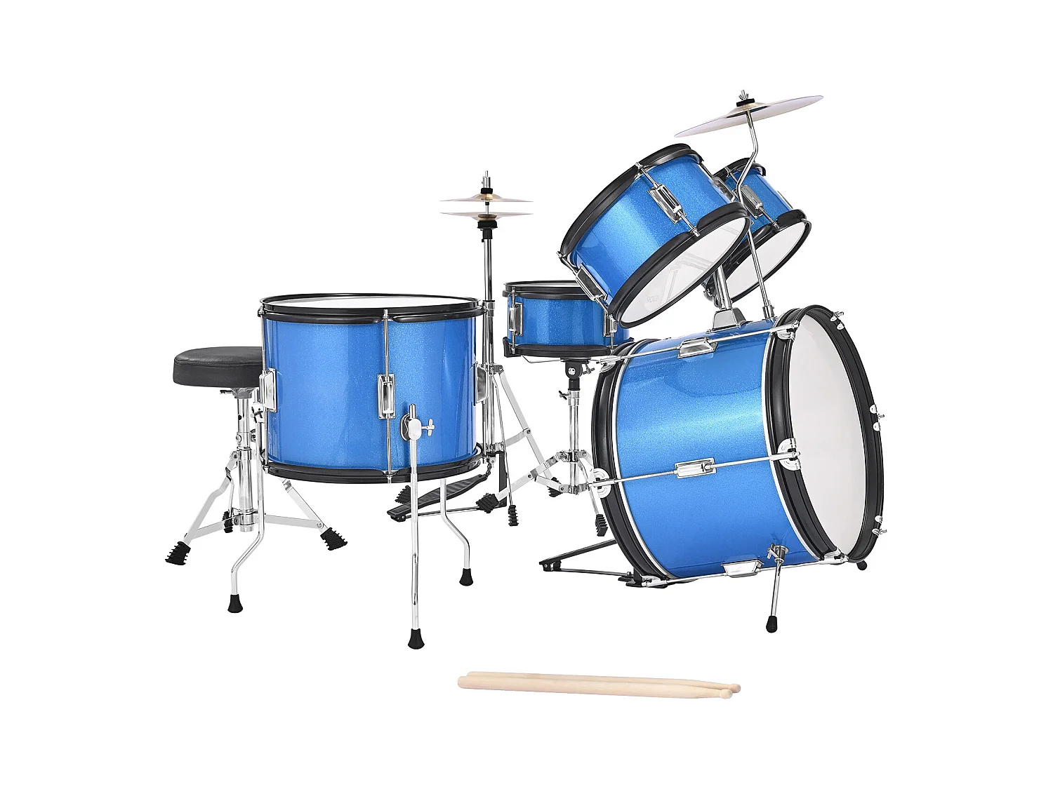 Kinder-Schlagzeug SucceBuy, 5-Teilig, Anfänger-Schlagzeug, 45 cm Bassdrum mit Tom-Tom, 25,4 cm Snare Drum, 36 cm Floor Tom, mit Sitz, Drumsticks, Blau