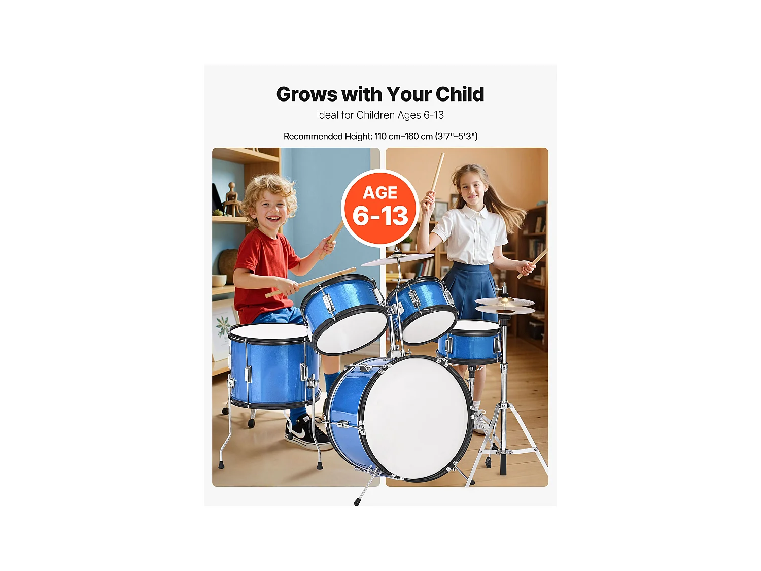 Kinder-Schlagzeug SucceBuy, 5-Teilig, Anfänger-Schlagzeug, 45 cm Bassdrum mit Tom-Tom, 25,4 cm Snare Drum, 36 cm Floor Tom, mit Sitz, Drumsticks, Blau