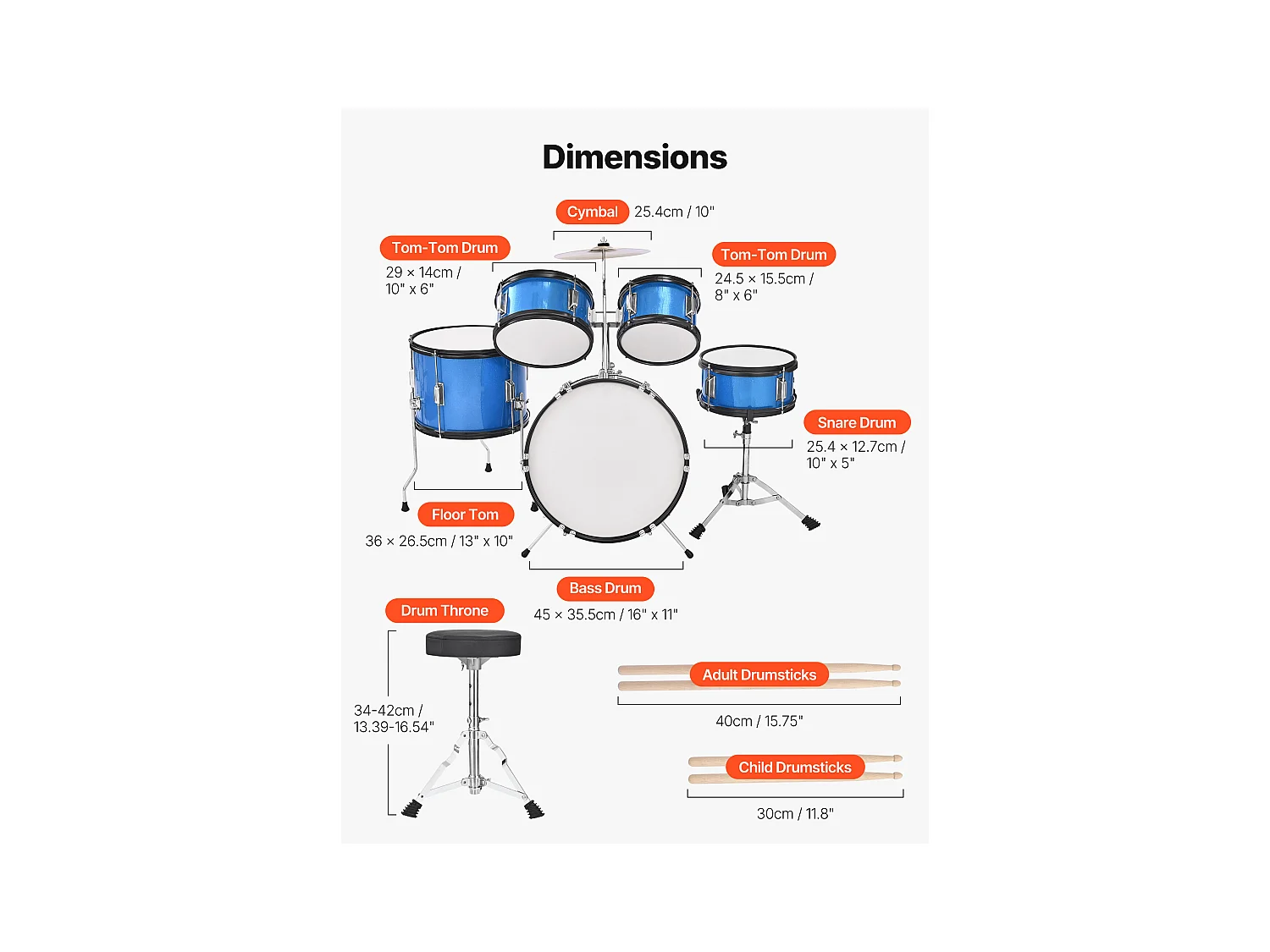 Kinder-Schlagzeug SucceBuy, 5-Teilig, Anfänger-Schlagzeug, 45 cm Bassdrum mit Tom-Tom, 25,4 cm Snare Drum, 36 cm Floor Tom, mit Sitz, Drumsticks, Blau