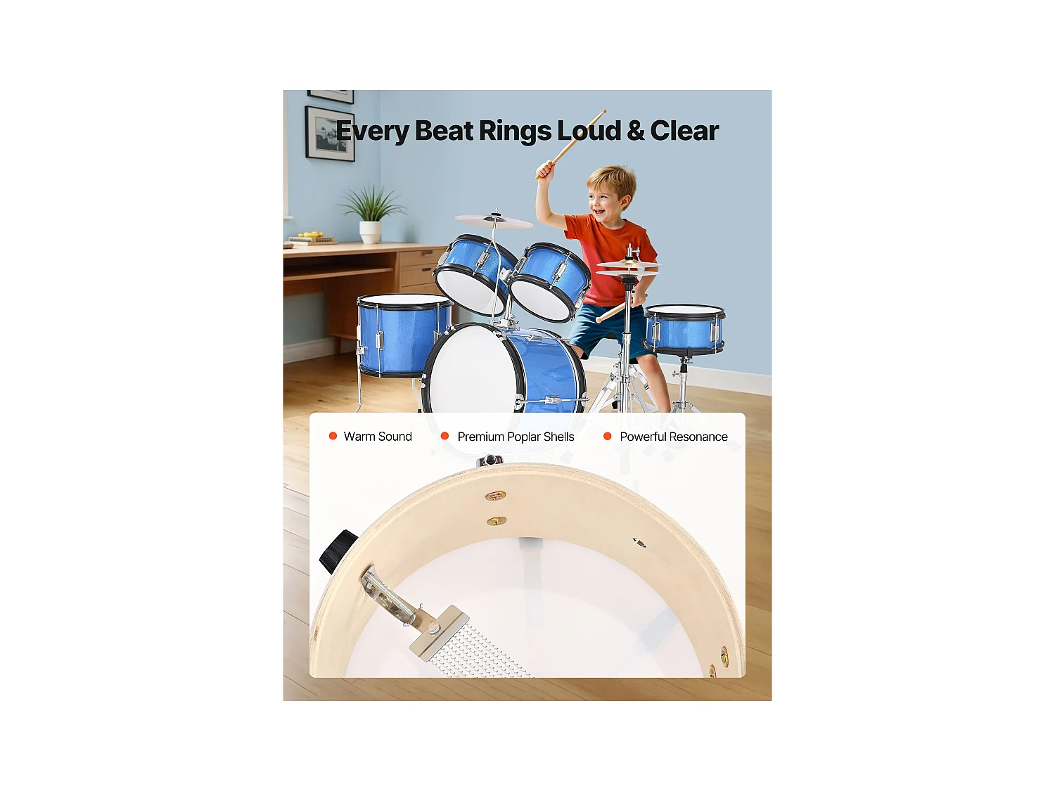 Kinder-Schlagzeug SucceBuy, 5-Teilig, Anfänger-Schlagzeug, 45 cm Bassdrum mit Tom-Tom, 25,4 cm Snare Drum, 36 cm Floor Tom, mit Sitz, Drumsticks, Blau