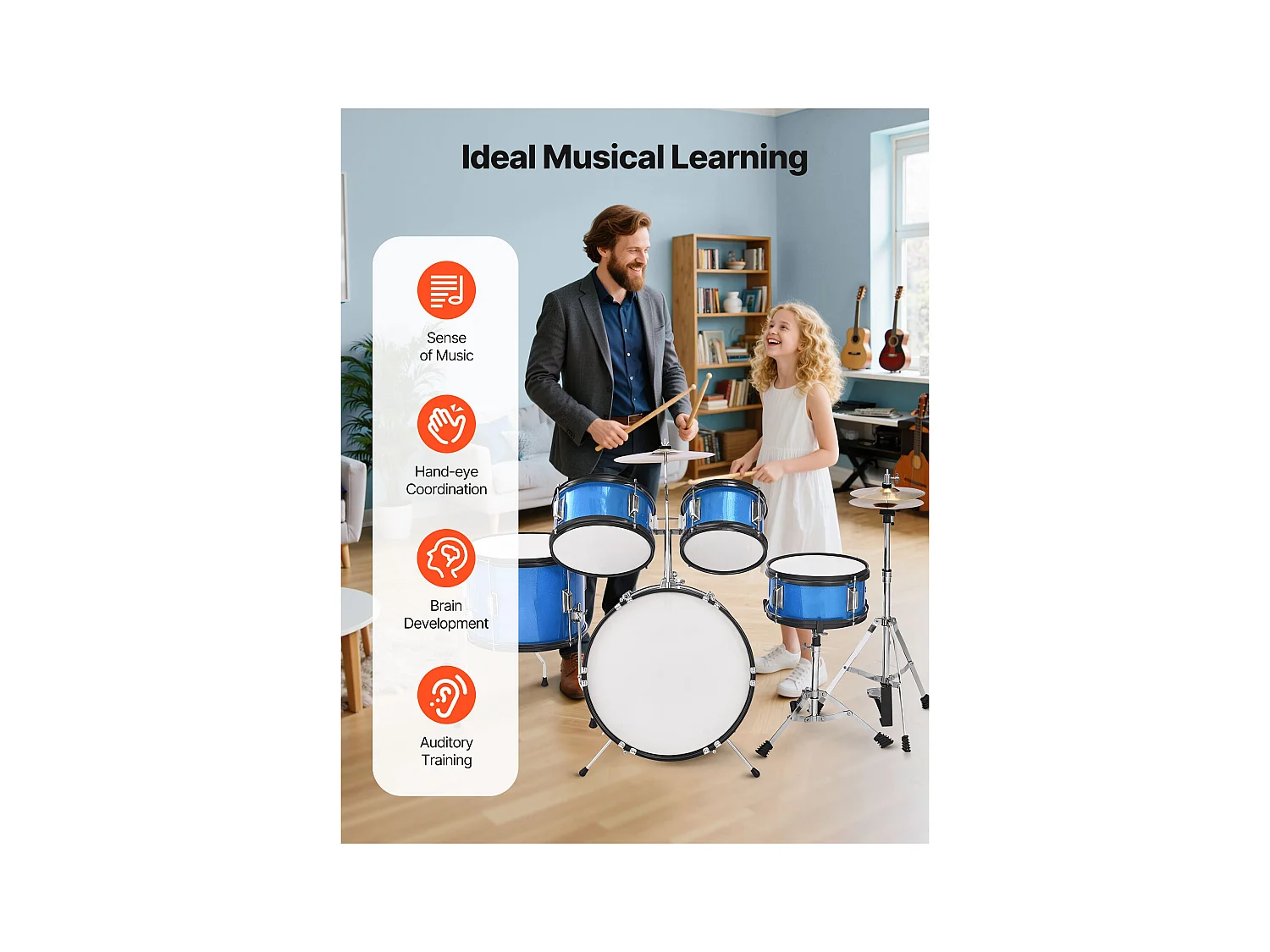 Kinder-Schlagzeug SucceBuy, 5-Teilig, Anfänger-Schlagzeug, 45 cm Bassdrum mit Tom-Tom, 25,4 cm Snare Drum, 36 cm Floor Tom, mit Sitz, Drumsticks, Blau