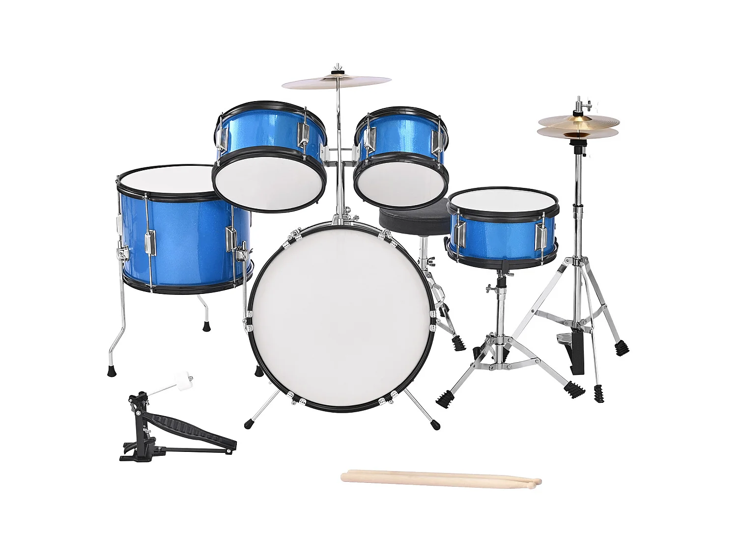 Kinder-Schlagzeug SucceBuy, 5-Teilig, Anfänger-Schlagzeug, 45 cm Bassdrum mit Tom-Tom, 25,4 cm Snare Drum, 36 cm Floor Tom, mit Sitz, Drumsticks, Blau