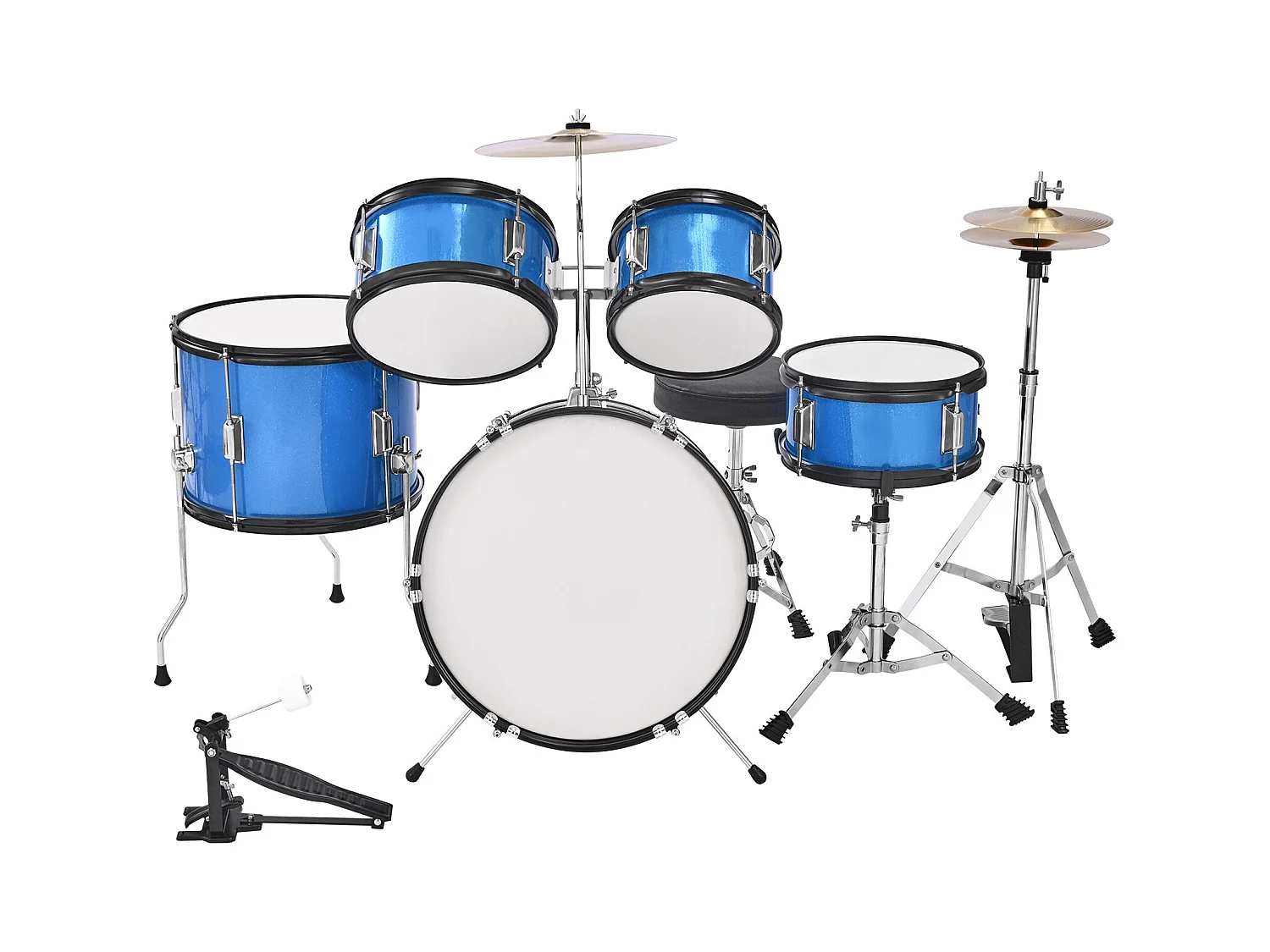 Kinder-Schlagzeug SucceBuy, 5-Teilig, Anfänger-Schlagzeug, 45 cm Bassdrum mit Tom-Tom, 25,4 cm Snare Drum, 36 cm Floor Tom, mit Sitz, Drumsticks, Blau