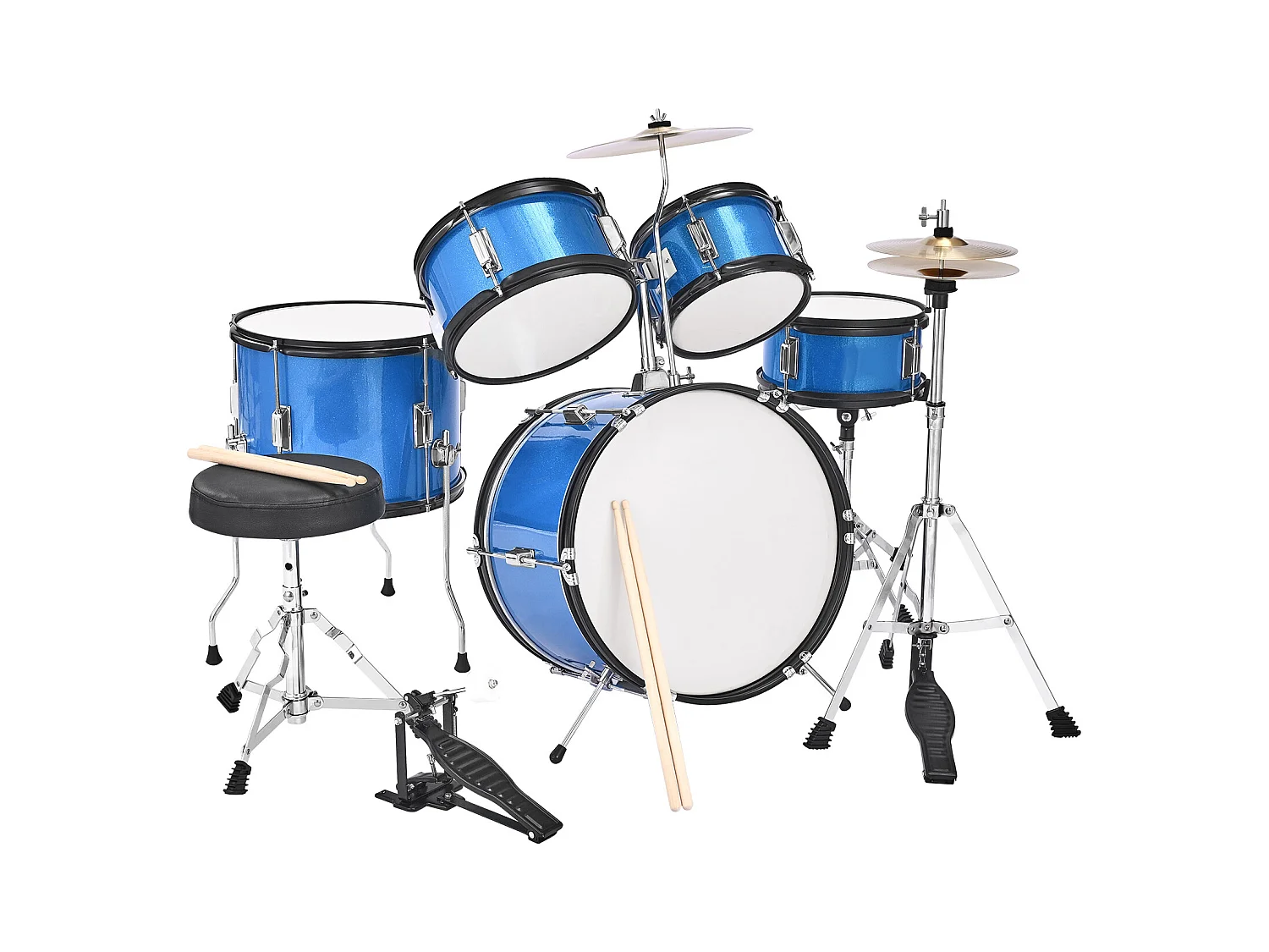 Kinder-Schlagzeug SucceBuy, 5-Teilig, Anfänger-Schlagzeug, 45 cm Bassdrum mit Tom-Tom, 25,4 cm Snare Drum, 36 cm Floor Tom, mit Sitz, Drumsticks, Blau