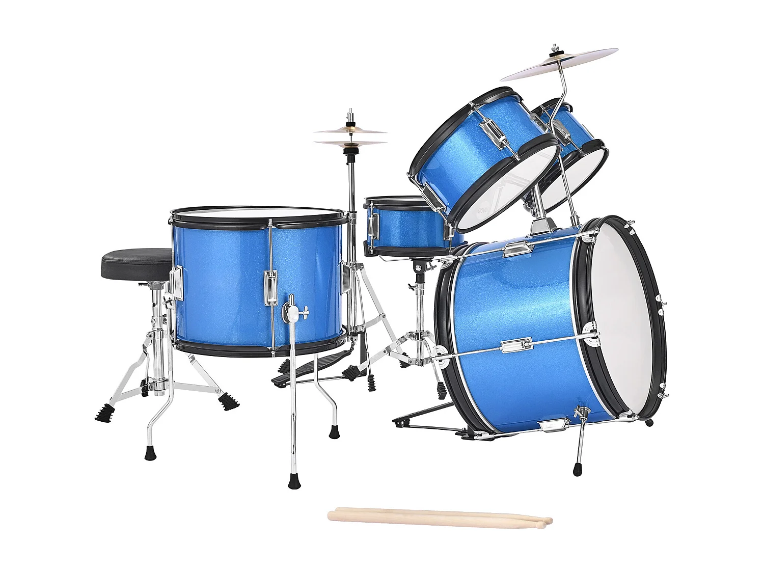 Kinder-Schlagzeug SucceBuy, 5-Teilig, Anfänger-Schlagzeug, 45 cm Bassdrum mit Tom-Tom, 25,4 cm Snare Drum, 36 cm Floor Tom, mit Sitz, Drumsticks, Blau