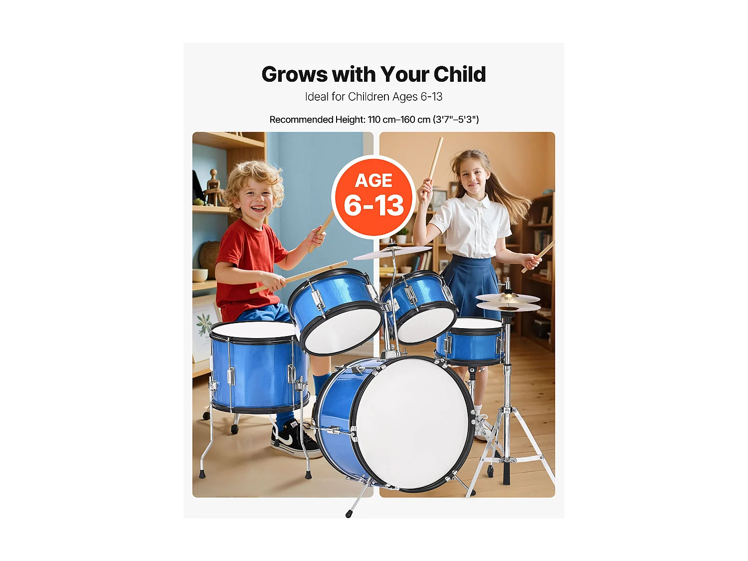 Kinder-Schlagzeug SucceBuy, 5-Teilig, Anfänger-Schlagzeug, 45 cm Bassdrum mit Tom-Tom, 25,4 cm Snare Drum, 36 cm Floor Tom, mit Sitz, Drumsticks, Blau