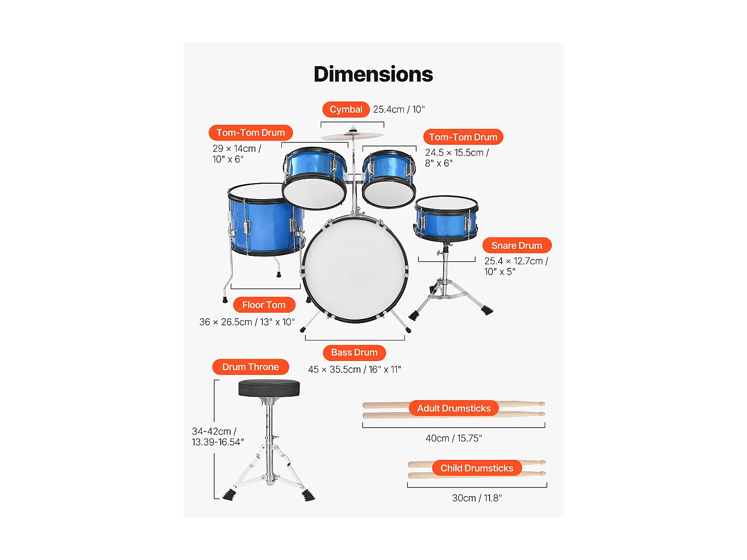 Kinder-Schlagzeug SucceBuy, 5-Teilig, Anfänger-Schlagzeug, 45 cm Bassdrum mit Tom-Tom, 25,4 cm Snare Drum, 36 cm Floor Tom, mit Sitz, Drumsticks, Blau