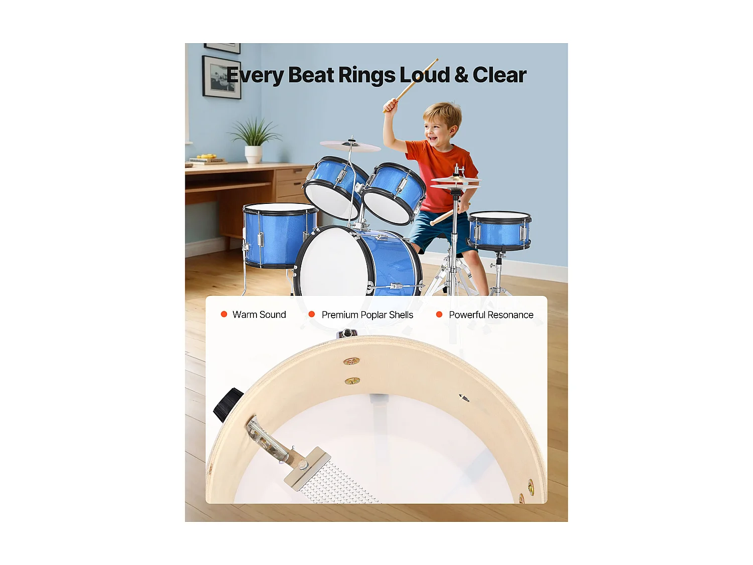 Kinder-Schlagzeug SucceBuy, 5-Teilig, Anfänger-Schlagzeug, 45 cm Bassdrum mit Tom-Tom, 25,4 cm Snare Drum, 36 cm Floor Tom, mit Sitz, Drumsticks, Blau