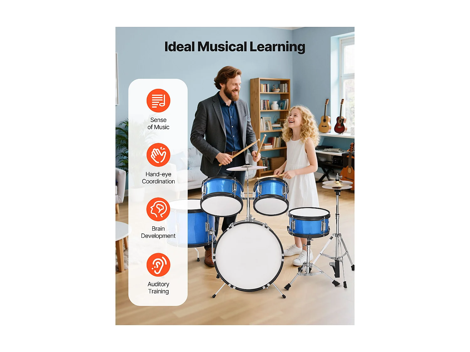 Kinder-Schlagzeug SucceBuy, 5-Teilig, Anfänger-Schlagzeug, 45 cm Bassdrum mit Tom-Tom, 25,4 cm Snare Drum, 36 cm Floor Tom, mit Sitz, Drumsticks, Blau