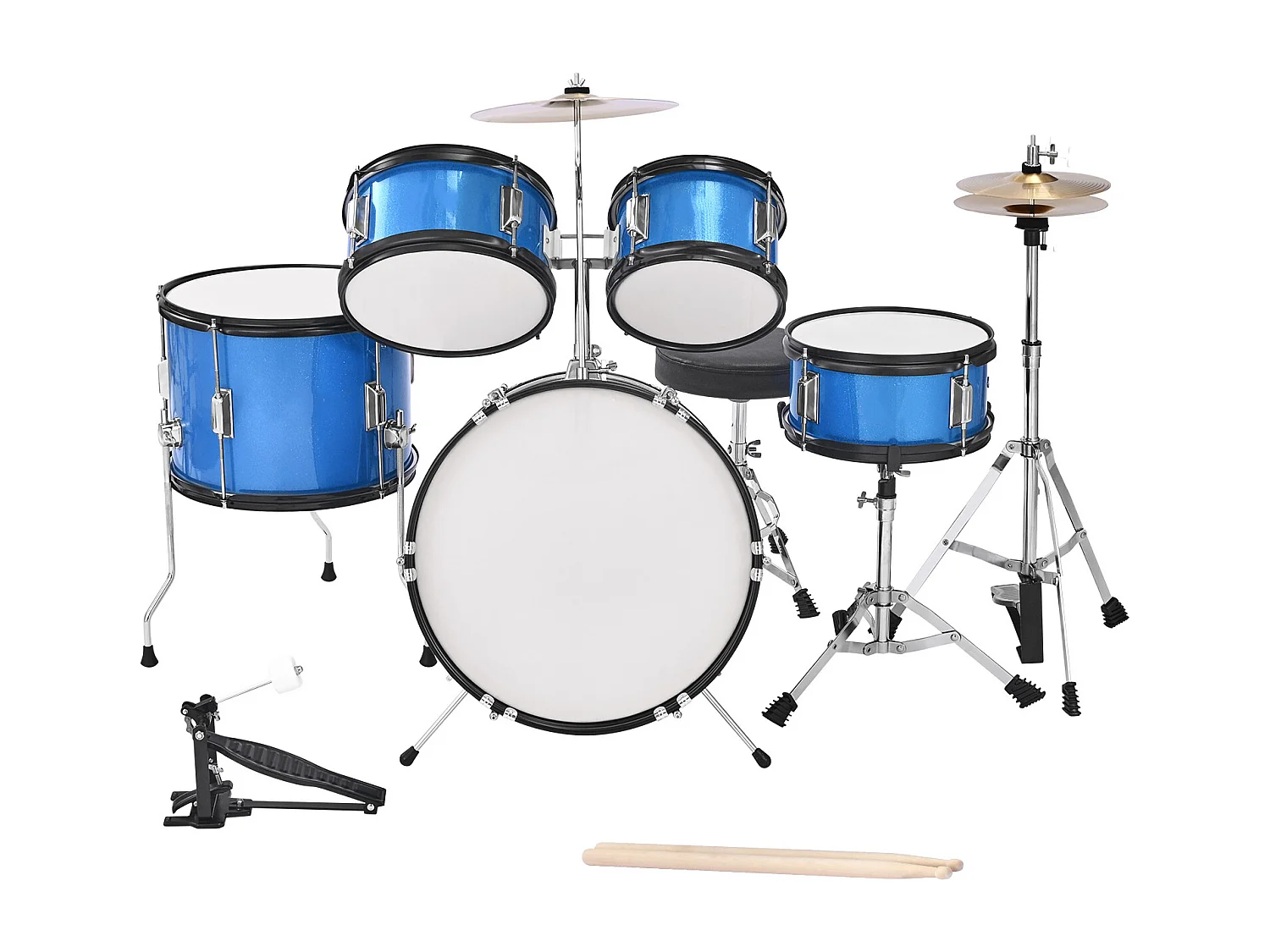 Kinder-Schlagzeug SucceBuy, 5-Teilig, Anfänger-Schlagzeug, 45 cm Bassdrum mit Tom-Tom, 25,4 cm Snare Drum, 36 cm Floor Tom, mit Sitz, Drumsticks, Blau