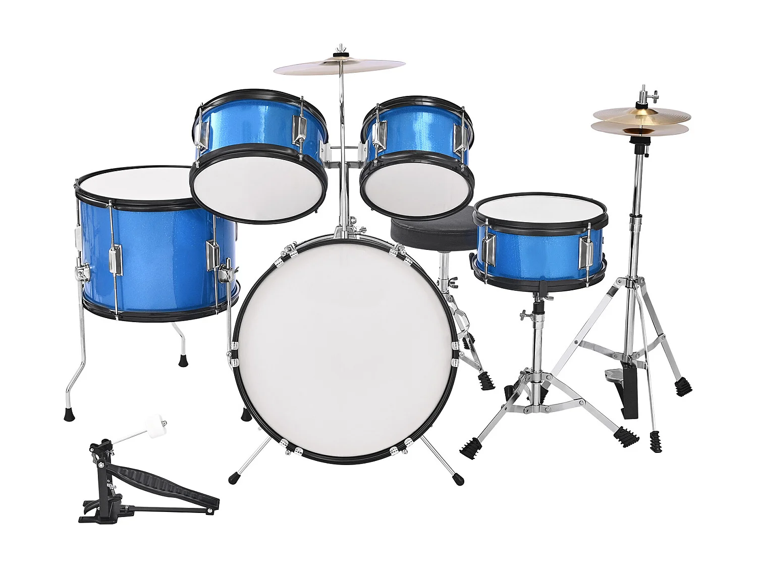 Kinder-Schlagzeug SucceBuy, 5-Teilig, Anfänger-Schlagzeug, 45 cm Bassdrum mit Tom-Tom, 25,4 cm Snare Drum, 36 cm Floor Tom, mit Sitz, Drumsticks, Blau