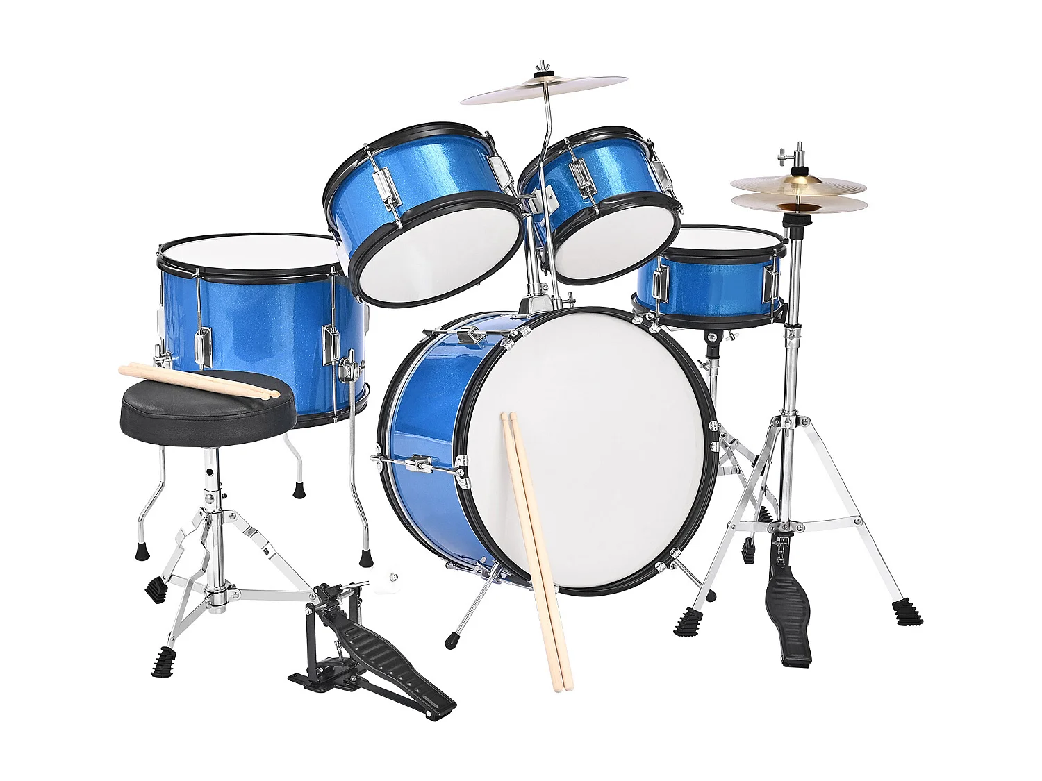 Kinder-Schlagzeug SucceBuy, 5-Teilig, Anfänger-Schlagzeug, 45 cm Bassdrum mit Tom-Tom, 25,4 cm Snare Drum, 36 cm Floor Tom, mit Sitz, Drumsticks, Blau