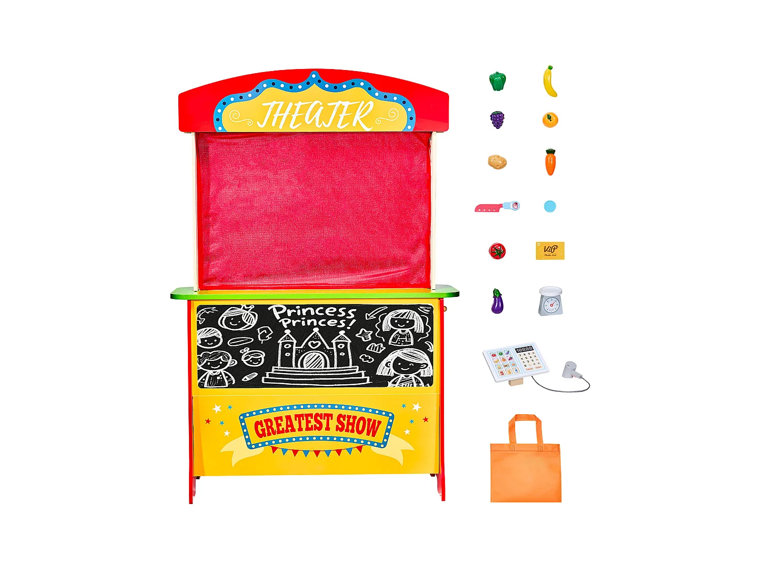 Théâtre de Marionnettes Enfant SucceBuy, 69,5x33,5x102,8 cm, Stand Supermarché Enfants MDF, 2 en 1, pour Garçons Filles 3 Ans et Plus