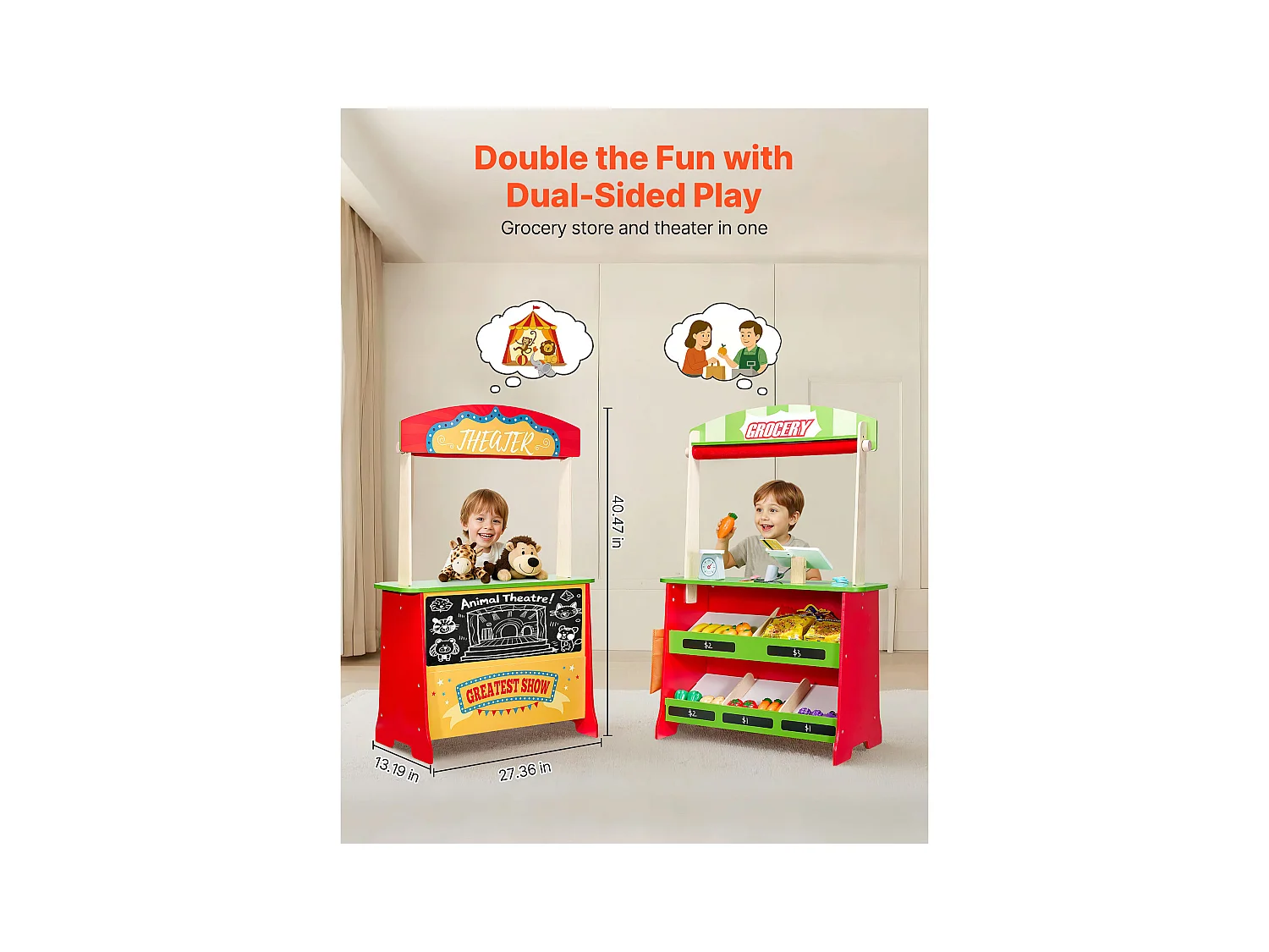 Théâtre de Marionnettes Enfant SucceBuy, 69,5x33,5x102,8 cm, Stand Supermarché Enfants MDF, 2 en 1, pour Garçons Filles 3 Ans et Plus