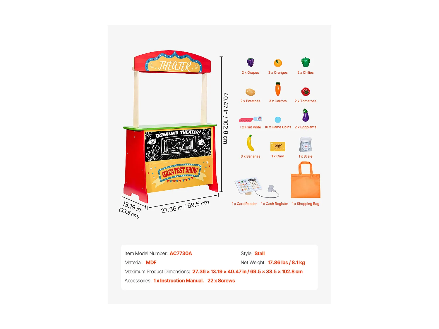 Teatro delle Marionette per Bambini SucceBuy, 69,5 x 33,5 x 102,8 cm, Stand Supermercato per Bambini in MDF, 2 in 1, per Bambini e Bambine dai 3 Anni in Su