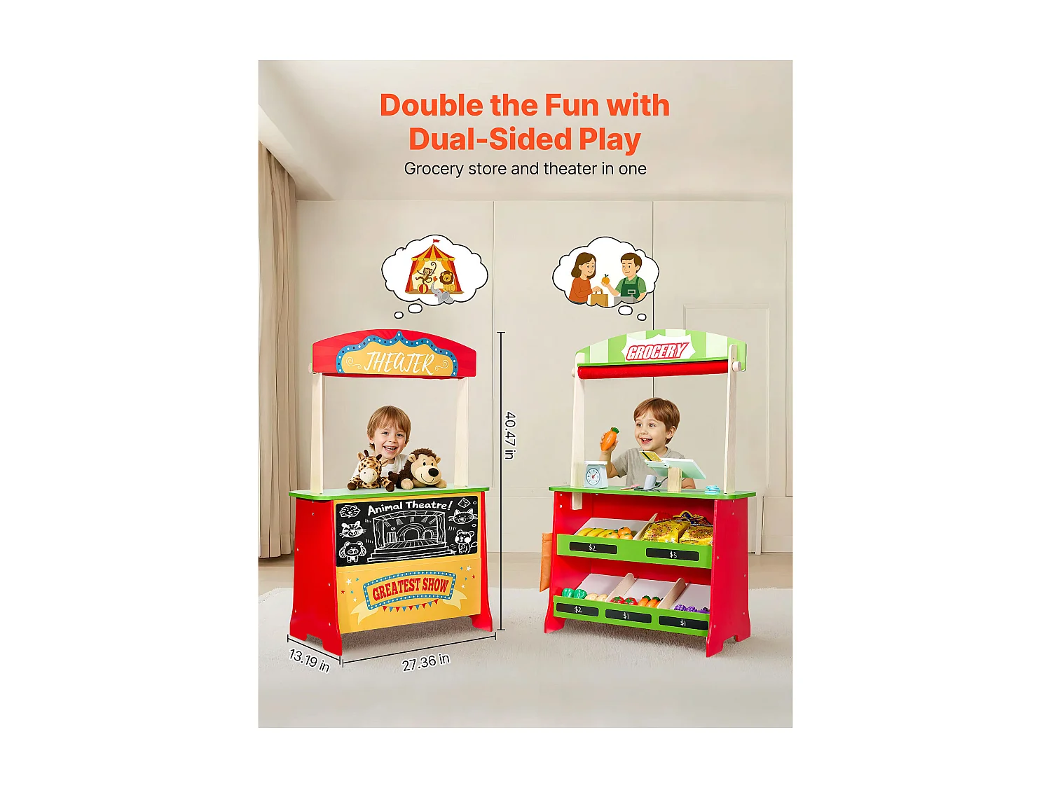 Teatro delle Marionette per Bambini SucceBuy, 69,5 x 33,5 x 102,8 cm, Stand Supermercato per Bambini in MDF, 2 in 1, per Bambini e Bambine dai 3 Anni in Su