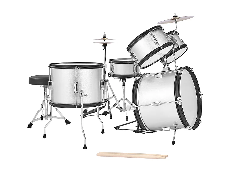 Batería para Niños SucceBuy, 5 Piezas, Batería para Principiantes, Bombo de 45 cm con Tom-tom, Caja de 25,4 cm, Tom Bajo de 36 cm, Asiento, Baquetas, Plateado
