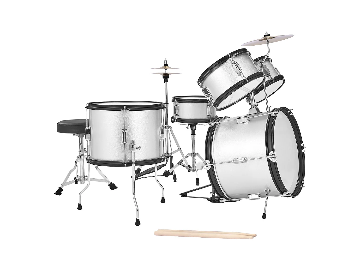 Kinder-Schlagzeug SucceBuy, 5-Teilig, Anfänger-Schlagzeug, 45 cm Bassdrum mit Tom-Tom, 25,4 cm Snare Drum, 36 cm Floor Tom, Sitz, Schlägel, silber