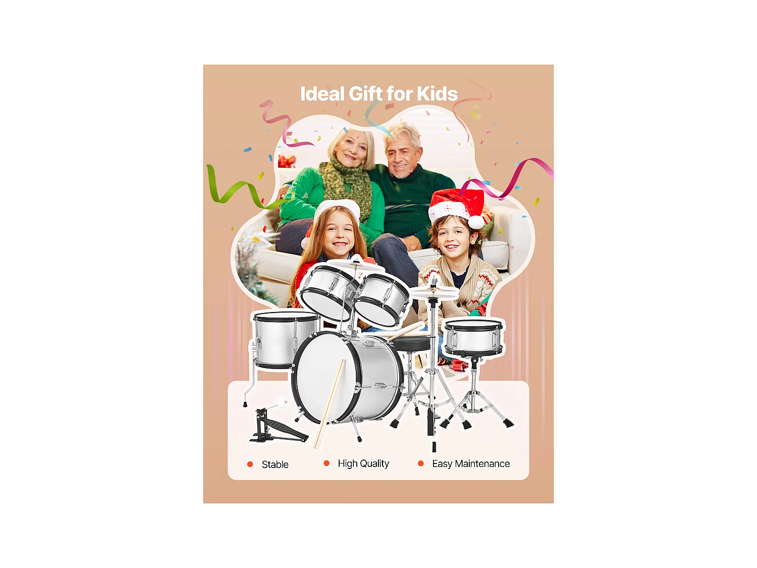 Kinder-Schlagzeug SucceBuy, 5-Teilig, Anfänger-Schlagzeug, 45 cm Bassdrum mit Tom-Tom, 25,4 cm Snare Drum, 36 cm Floor Tom, Sitz, Schlägel, silber