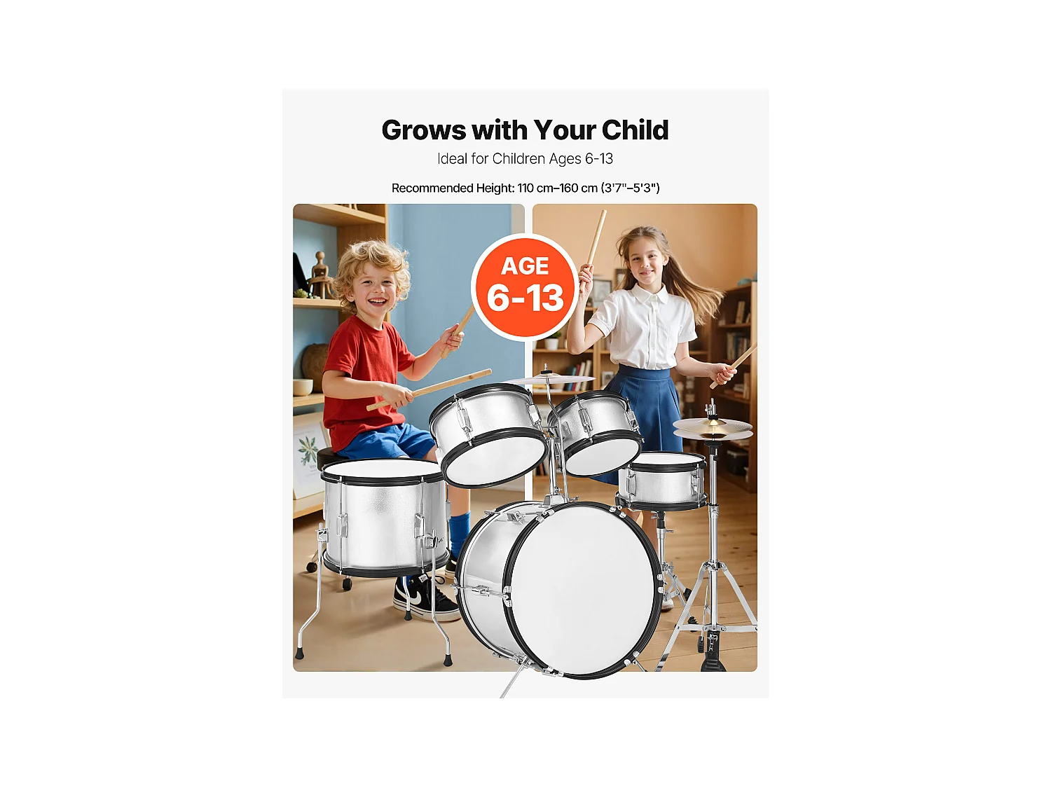 Kinder-Schlagzeug SucceBuy, 5-Teilig, Anfänger-Schlagzeug, 45 cm Bassdrum mit Tom-Tom, 25,4 cm Snare Drum, 36 cm Floor Tom, Sitz, Schlägel, silber