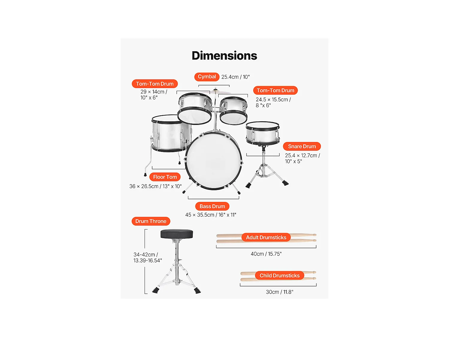 Kinder-Schlagzeug SucceBuy, 5-Teilig, Anfänger-Schlagzeug, 45 cm Bassdrum mit Tom-Tom, 25,4 cm Snare Drum, 36 cm Floor Tom, Sitz, Schlägel, silber