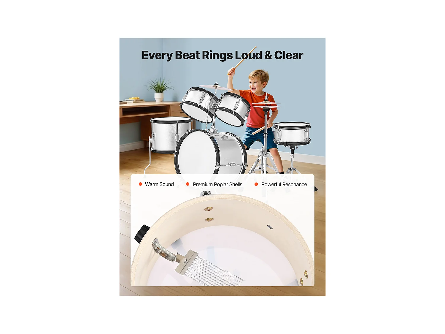 Kinder-Schlagzeug SucceBuy, 5-Teilig, Anfänger-Schlagzeug, 45 cm Bassdrum mit Tom-Tom, 25,4 cm Snare Drum, 36 cm Floor Tom, Sitz, Schlägel, silber