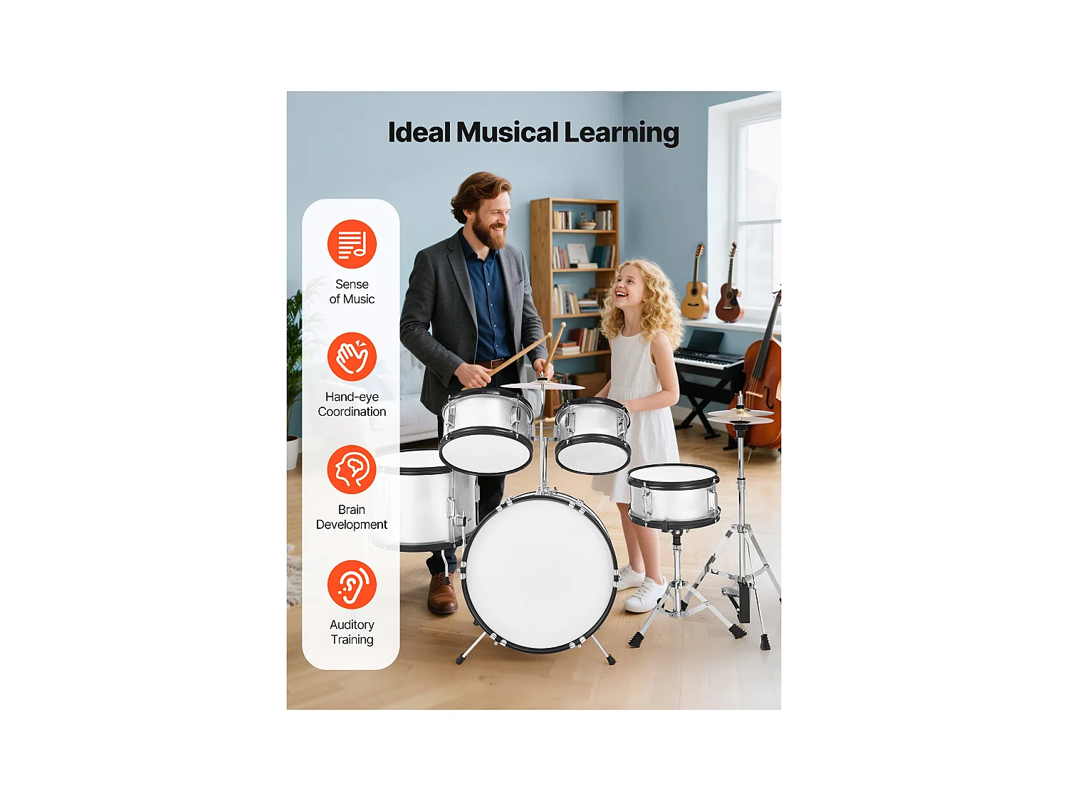 Kinder-Schlagzeug SucceBuy, 5-Teilig, Anfänger-Schlagzeug, 45 cm Bassdrum mit Tom-Tom, 25,4 cm Snare Drum, 36 cm Floor Tom, Sitz, Schlägel, silber