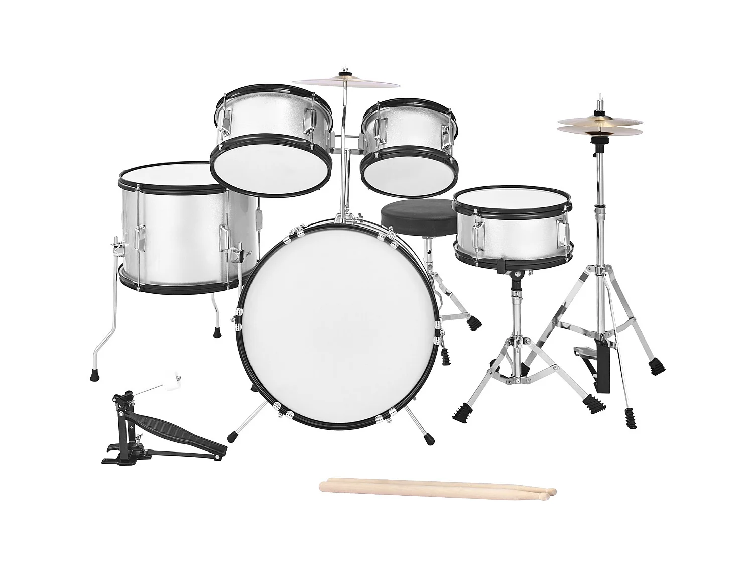 Kinder-Schlagzeug SucceBuy, 5-Teilig, Anfänger-Schlagzeug, 45 cm Bassdrum mit Tom-Tom, 25,4 cm Snare Drum, 36 cm Floor Tom, Sitz, Schlägel, silber