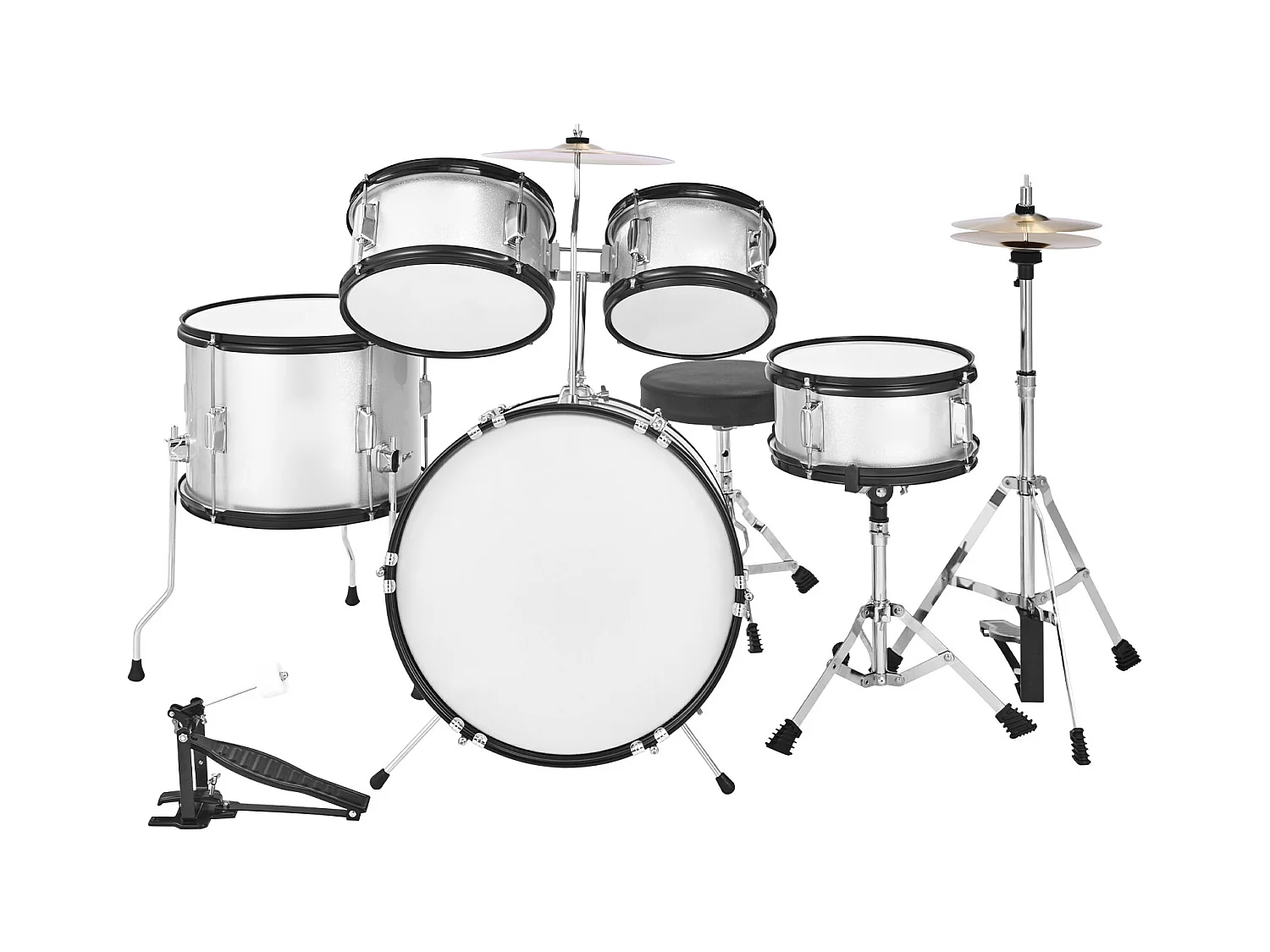 Kinder-Schlagzeug SucceBuy, 5-Teilig, Anfänger-Schlagzeug, 45 cm Bassdrum mit Tom-Tom, 25,4 cm Snare Drum, 36 cm Floor Tom, Sitz, Schlägel, silber