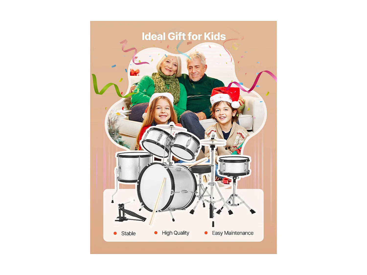 Kinder-Schlagzeug SucceBuy, 5-Teilig, Anfänger-Schlagzeug, 45 cm Bassdrum mit Tom-Tom, 25,4 cm Snare Drum, 36 cm Floor Tom, Sitz, Schlägel, silber