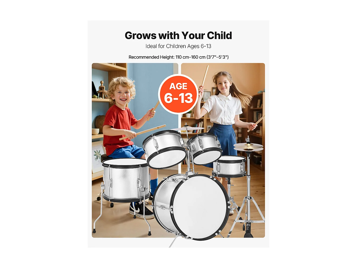 Kinder-Schlagzeug SucceBuy, 5-Teilig, Anfänger-Schlagzeug, 45 cm Bassdrum mit Tom-Tom, 25,4 cm Snare Drum, 36 cm Floor Tom, Sitz, Schlägel, silber