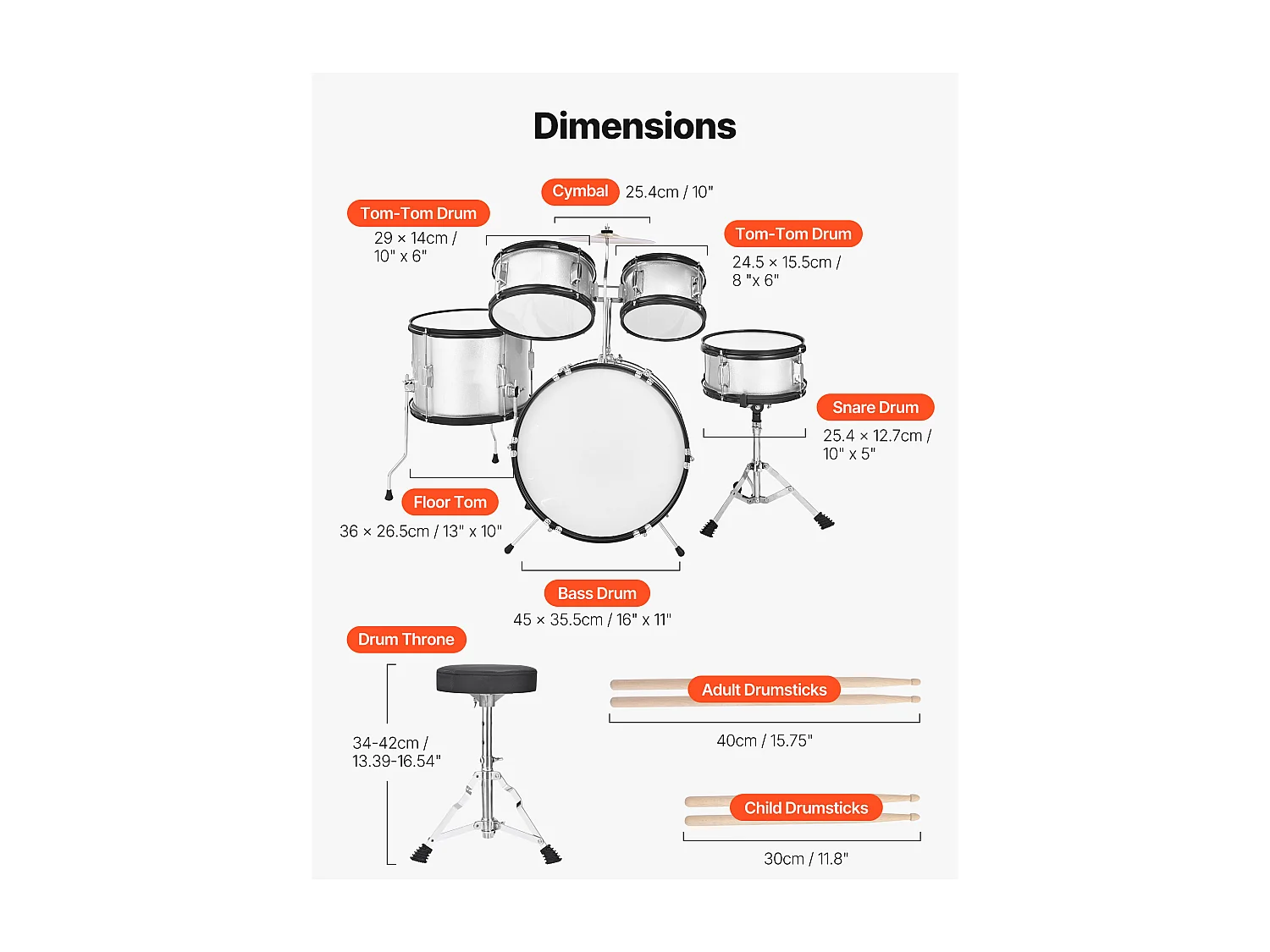 Kinder-Schlagzeug SucceBuy, 5-Teilig, Anfänger-Schlagzeug, 45 cm Bassdrum mit Tom-Tom, 25,4 cm Snare Drum, 36 cm Floor Tom, Sitz, Schlägel, silber