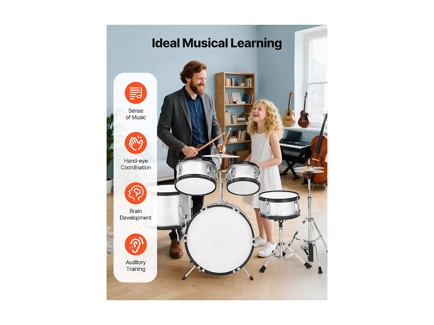 Kinder-Schlagzeug SucceBuy, 5-Teilig, Anfänger-Schlagzeug, 45 cm Bassdrum mit Tom-Tom, 25,4 cm Snare Drum, 36 cm Floor Tom, Sitz, Schlägel, silber