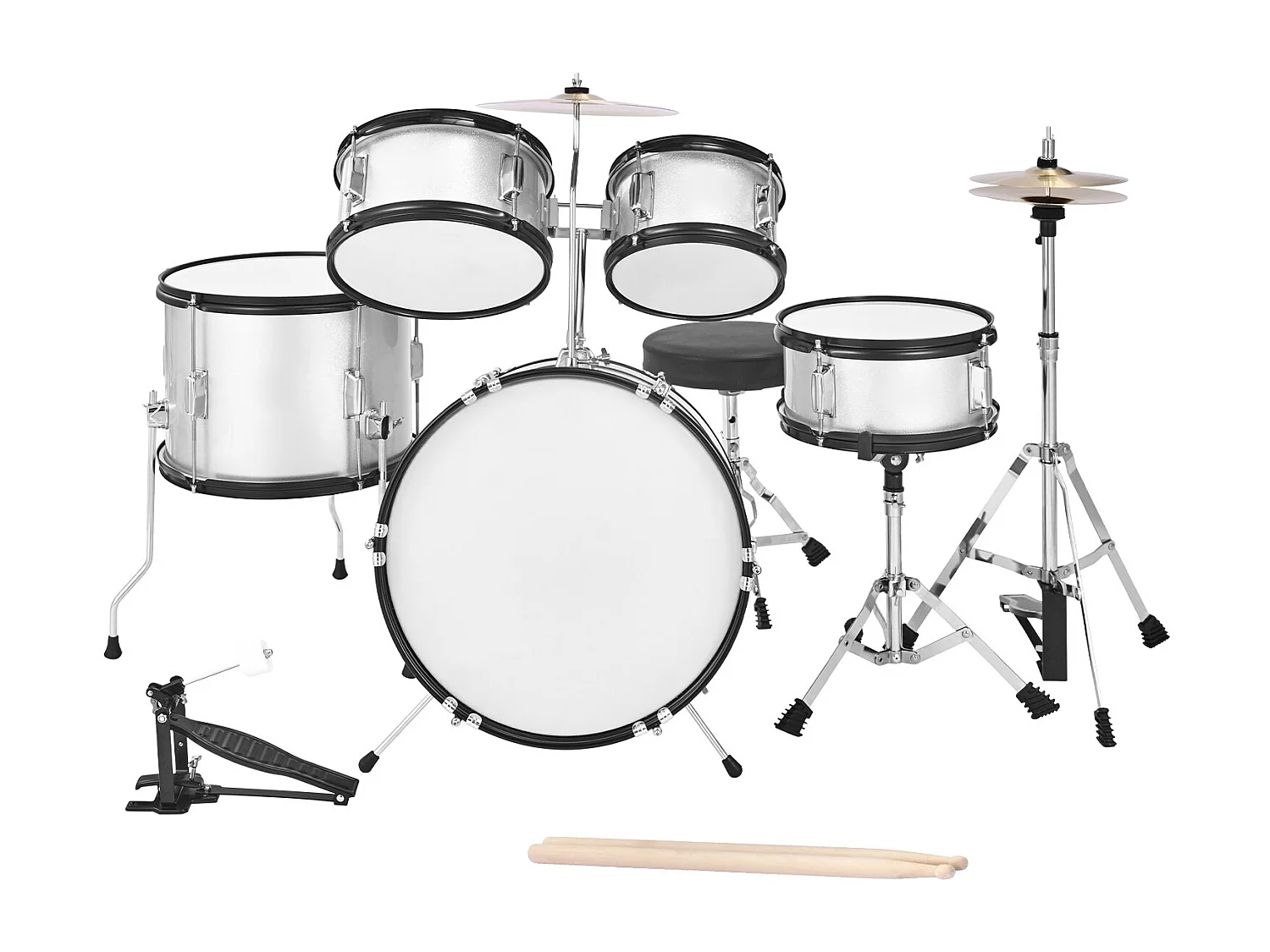 Kinder-Schlagzeug SucceBuy, 5-Teilig, Anfänger-Schlagzeug, 45 cm Bassdrum mit Tom-Tom, 25,4 cm Snare Drum, 36 cm Floor Tom, Sitz, Schlägel, silber