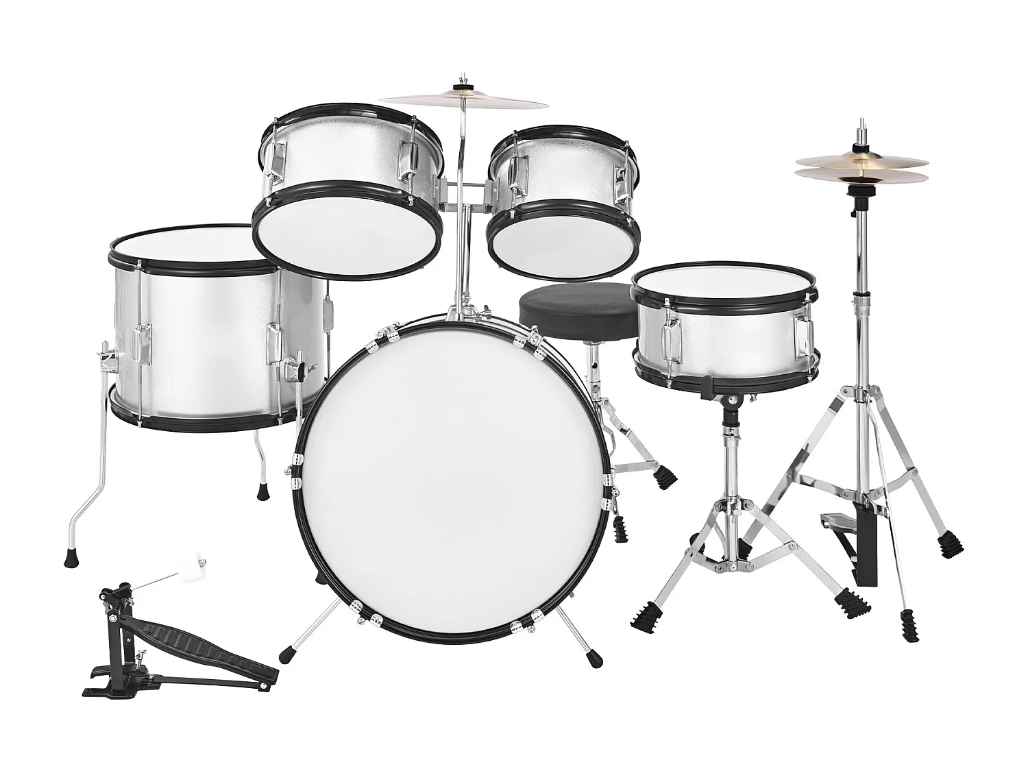Kinder-Schlagzeug SucceBuy, 5-Teilig, Anfänger-Schlagzeug, 45 cm Bassdrum mit Tom-Tom, 25,4 cm Snare Drum, 36 cm Floor Tom, Sitz, Schlägel, silber