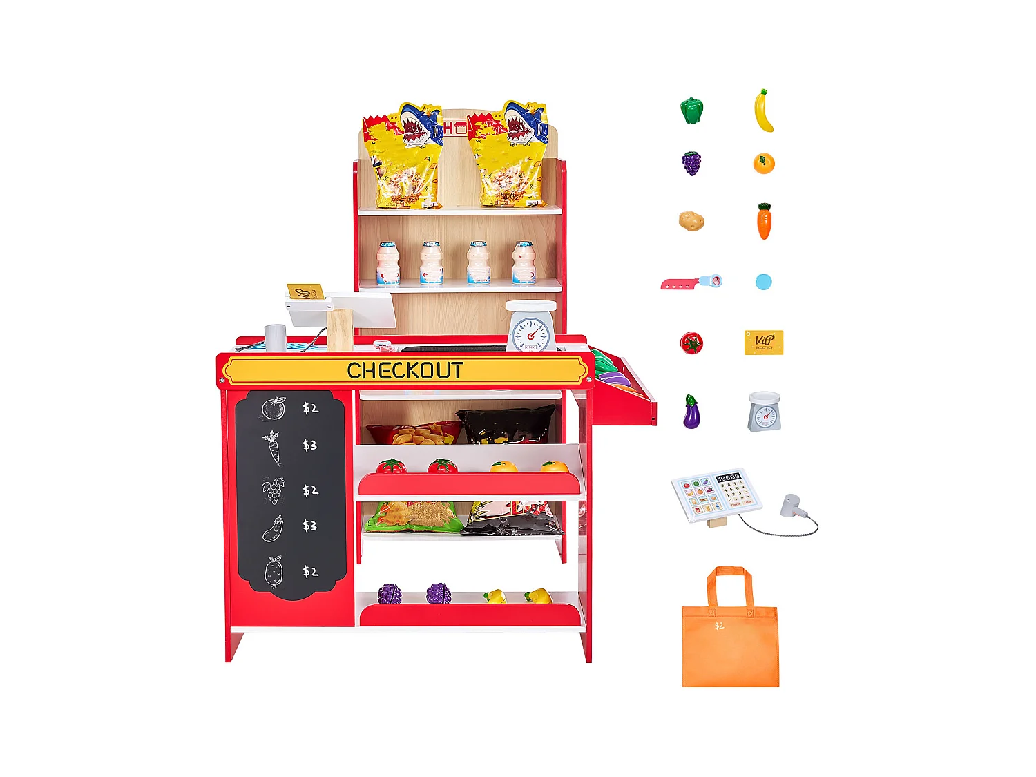 Supermarket dla Dzieci SucceBuy, 72 x 90 x 89 cm, Sklepik dla Dzieci, Zestaw do Zabawy w Sklep Spożywczy, Sklep z MDF, dla Chłopców i Dziewczynek w Wieku od 3 Lat