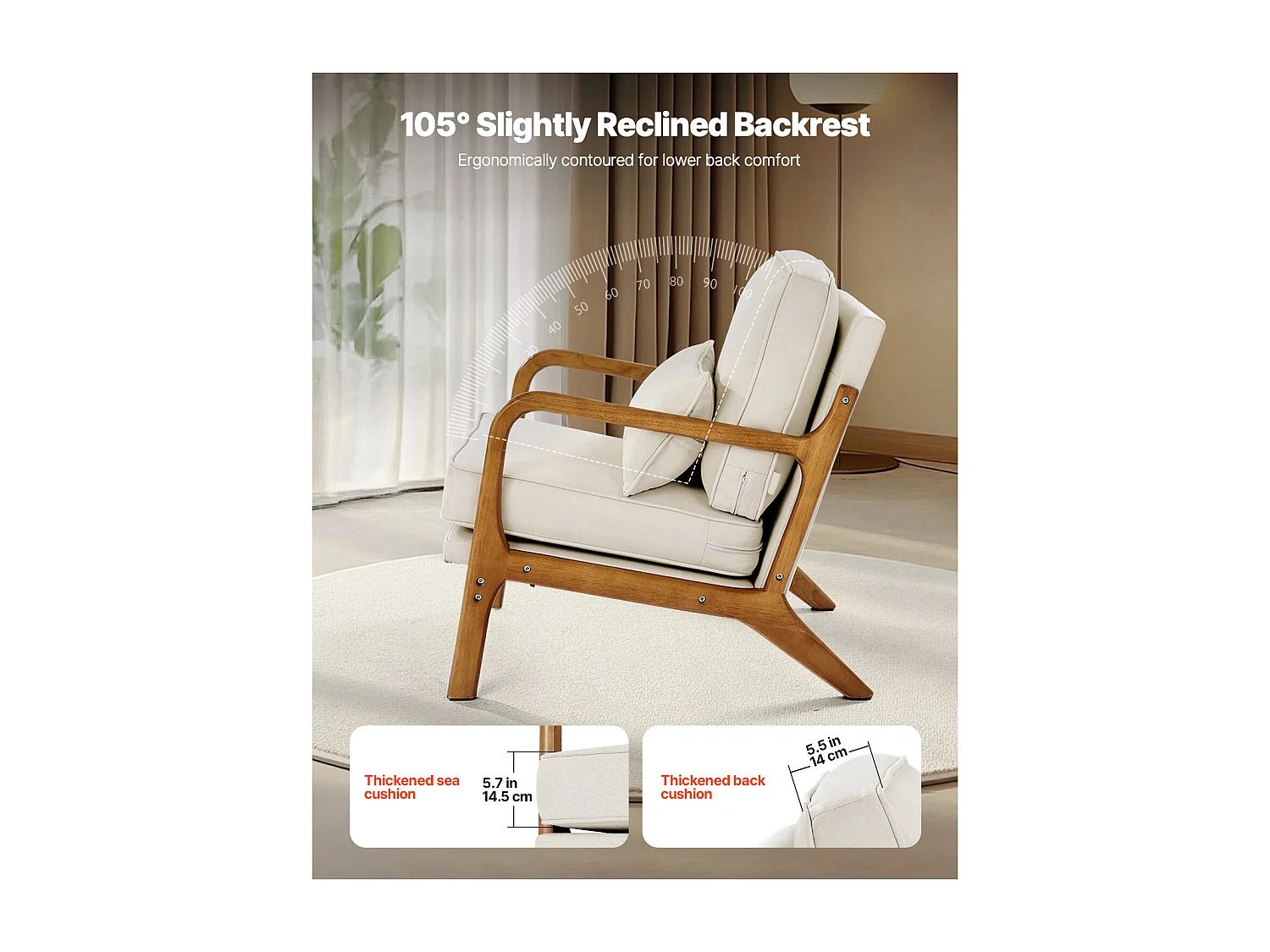 Fauteuil d'Appoint SucceBuy, Cadre en Bois Massif et Pieds Antidérapants, Chaise d'Accent avec Tissu en Lin et Coussin de Siège 14,5 cm, pour Chambre, Bureau