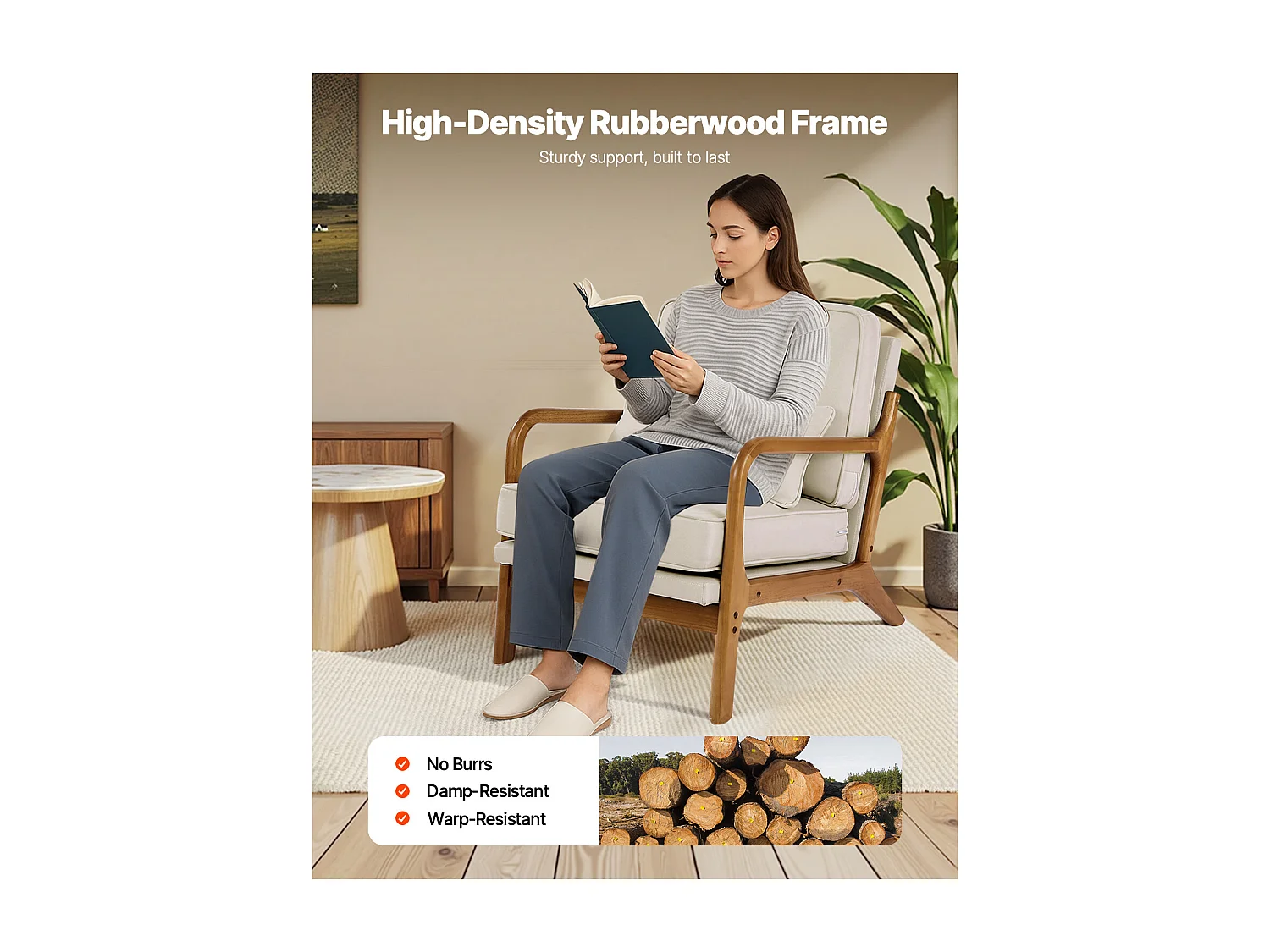 Fauteuil d'Appoint SucceBuy, Cadre en Bois Massif et Pieds Antidérapants, Chaise d'Accent avec Tissu en Lin et Coussin de Siège 14,5 cm, pour Chambre, Bureau