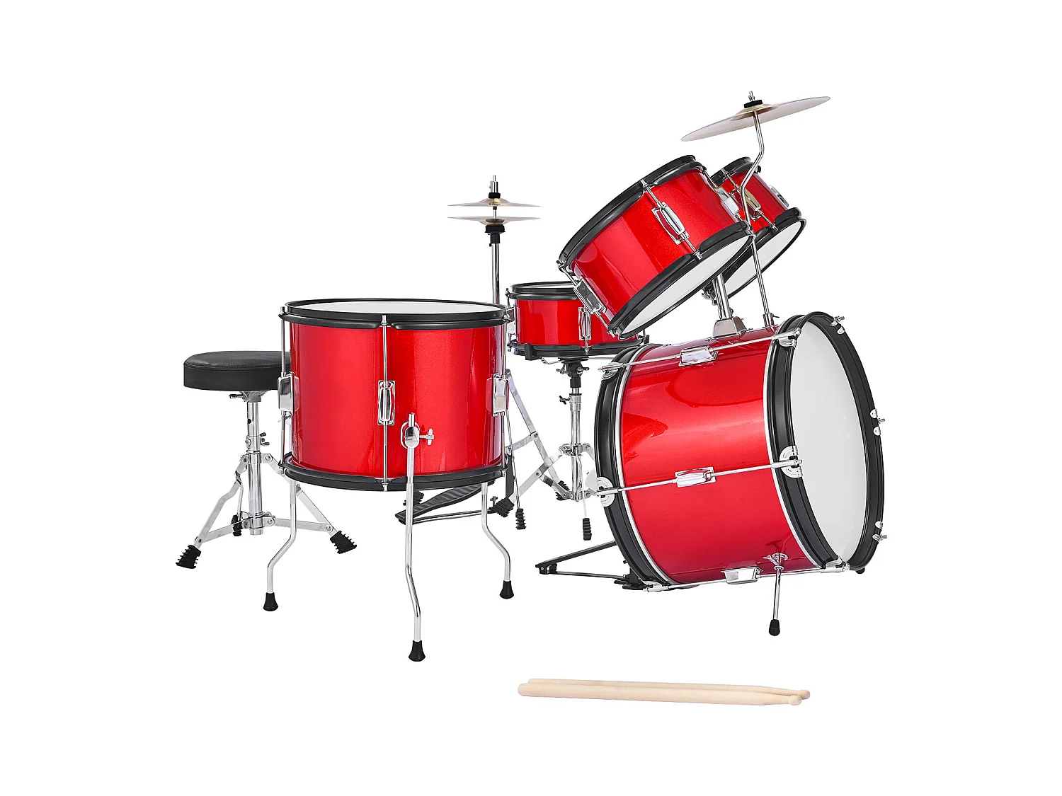 Kinder-Schlagzeug SucceBuy, 5-Teilig, Anfänger-Schlagzeug, 45 cm Bassdrum mit Tom-Tom, 25,4 cm Snare Drum, 36 cm Bassdrum, mit Sitz, Drumsticks, Rot