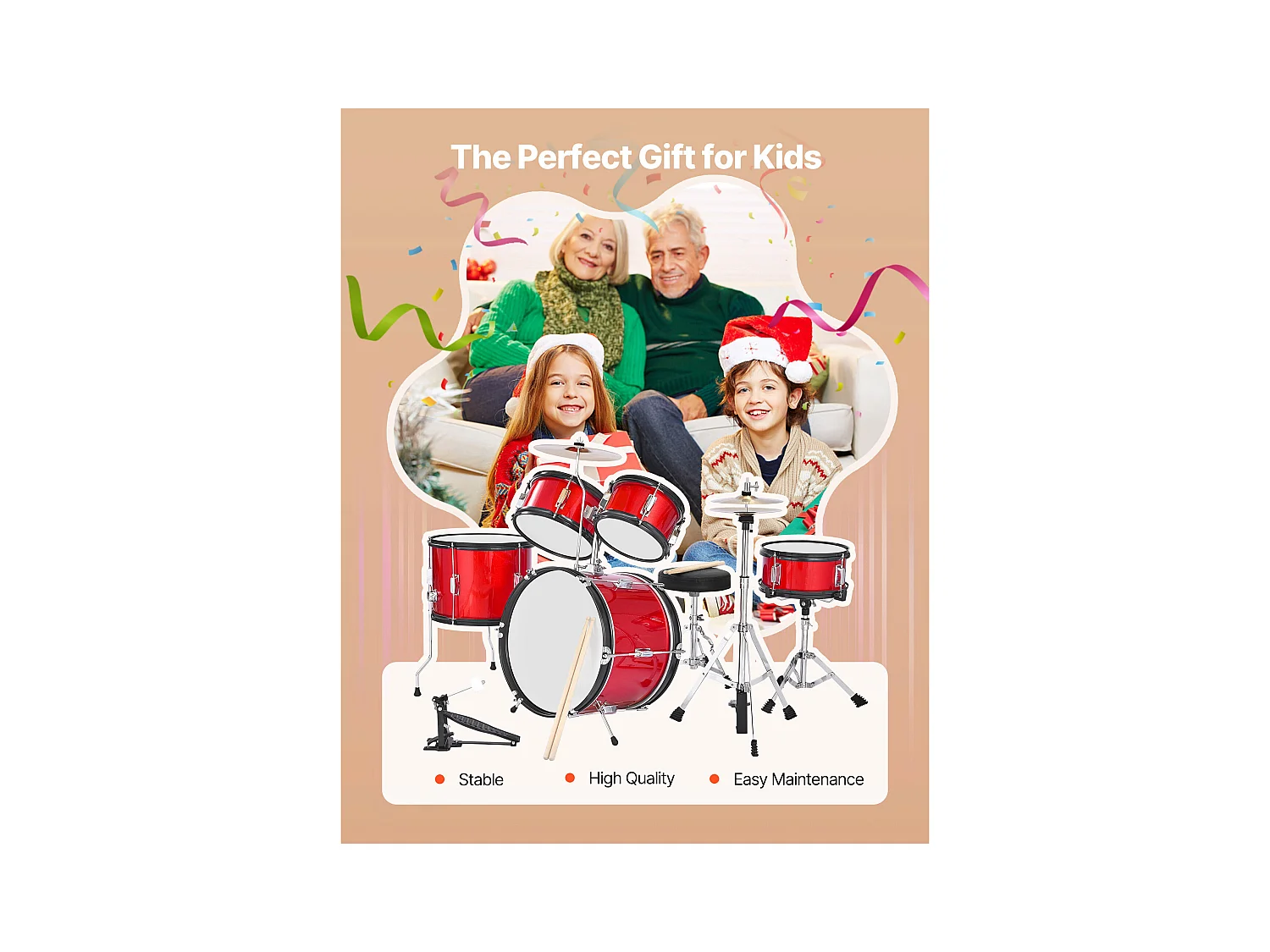 Kinder-Schlagzeug SucceBuy, 5-Teilig, Anfänger-Schlagzeug, 45 cm Bassdrum mit Tom-Tom, 25,4 cm Snare Drum, 36 cm Bassdrum, mit Sitz, Drumsticks, Rot