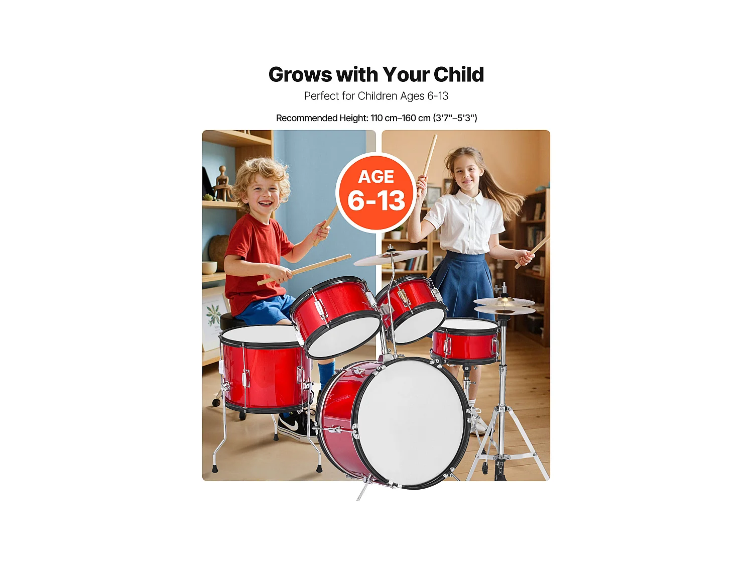 Kinder-Schlagzeug SucceBuy, 5-Teilig, Anfänger-Schlagzeug, 45 cm Bassdrum mit Tom-Tom, 25,4 cm Snare Drum, 36 cm Bassdrum, mit Sitz, Drumsticks, Rot