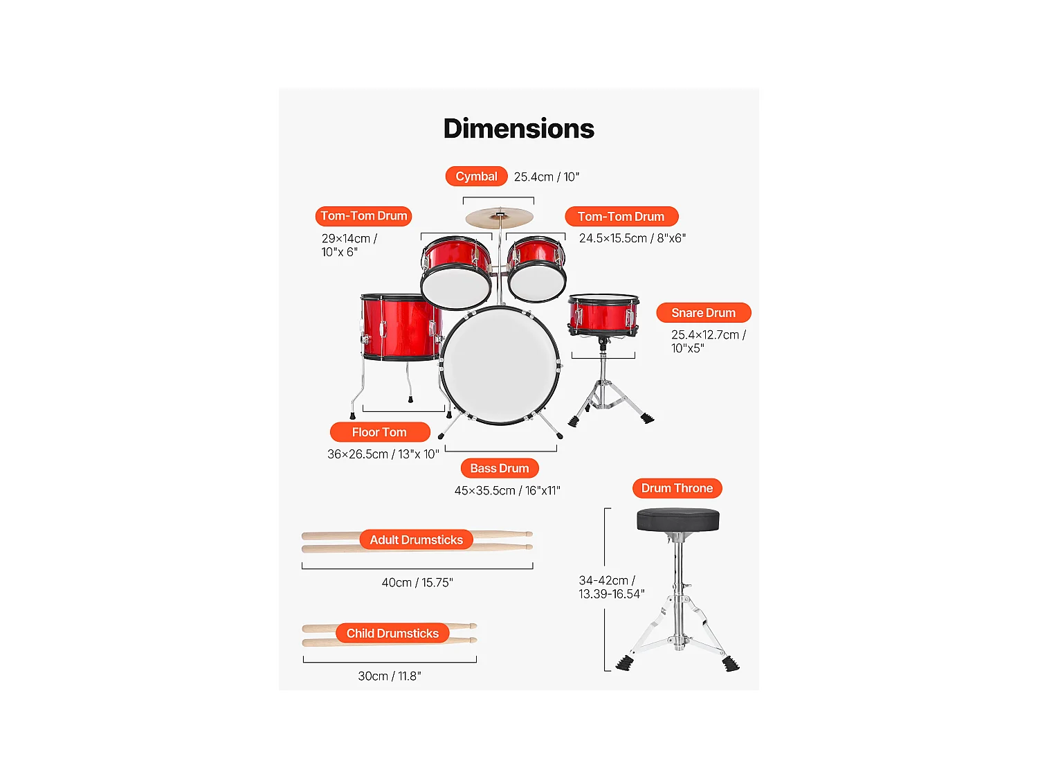 Kinder-Schlagzeug SucceBuy, 5-Teilig, Anfänger-Schlagzeug, 45 cm Bassdrum mit Tom-Tom, 25,4 cm Snare Drum, 36 cm Bassdrum, mit Sitz, Drumsticks, Rot