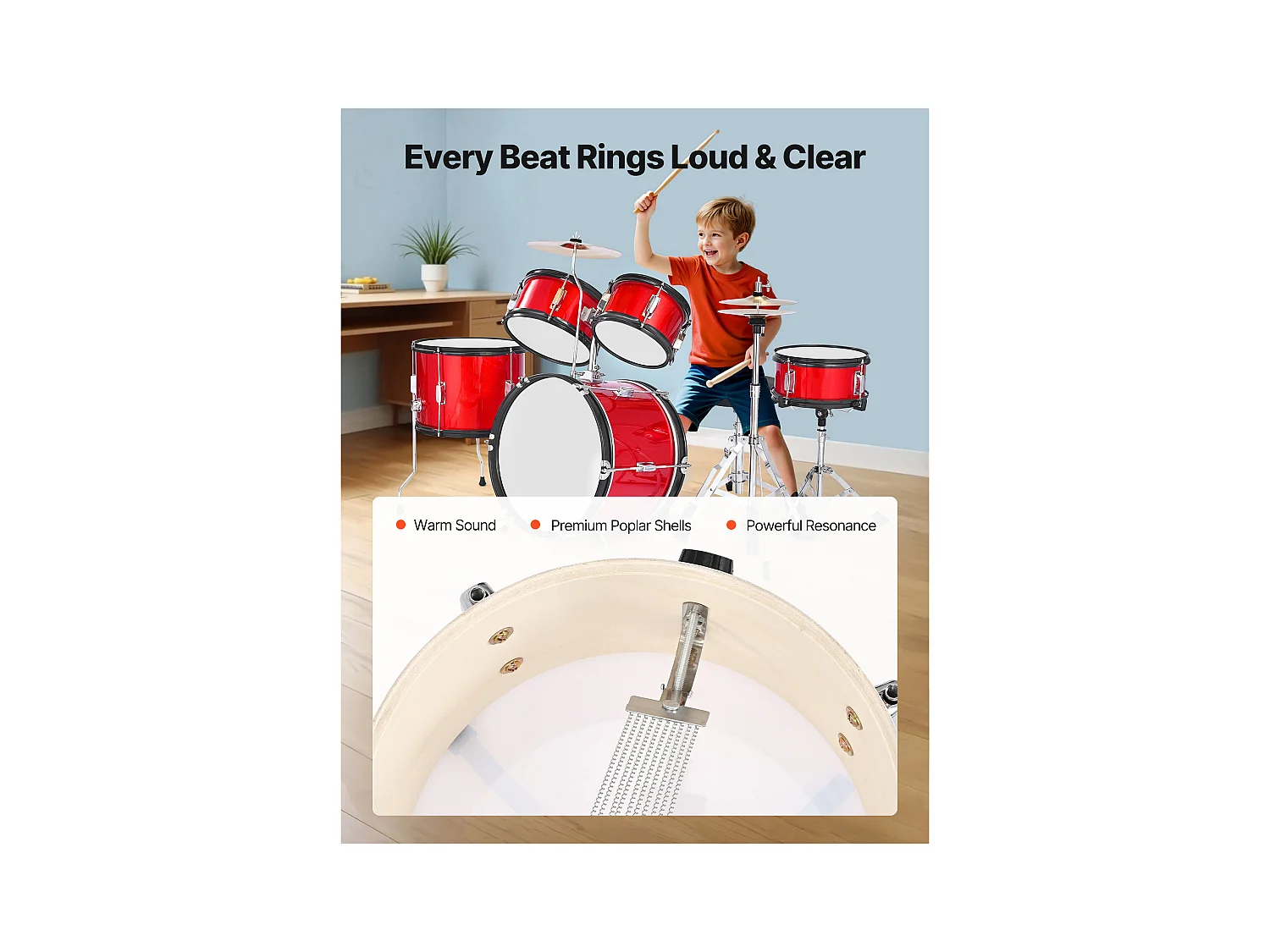 Kinder-Schlagzeug SucceBuy, 5-Teilig, Anfänger-Schlagzeug, 45 cm Bassdrum mit Tom-Tom, 25,4 cm Snare Drum, 36 cm Bassdrum, mit Sitz, Drumsticks, Rot