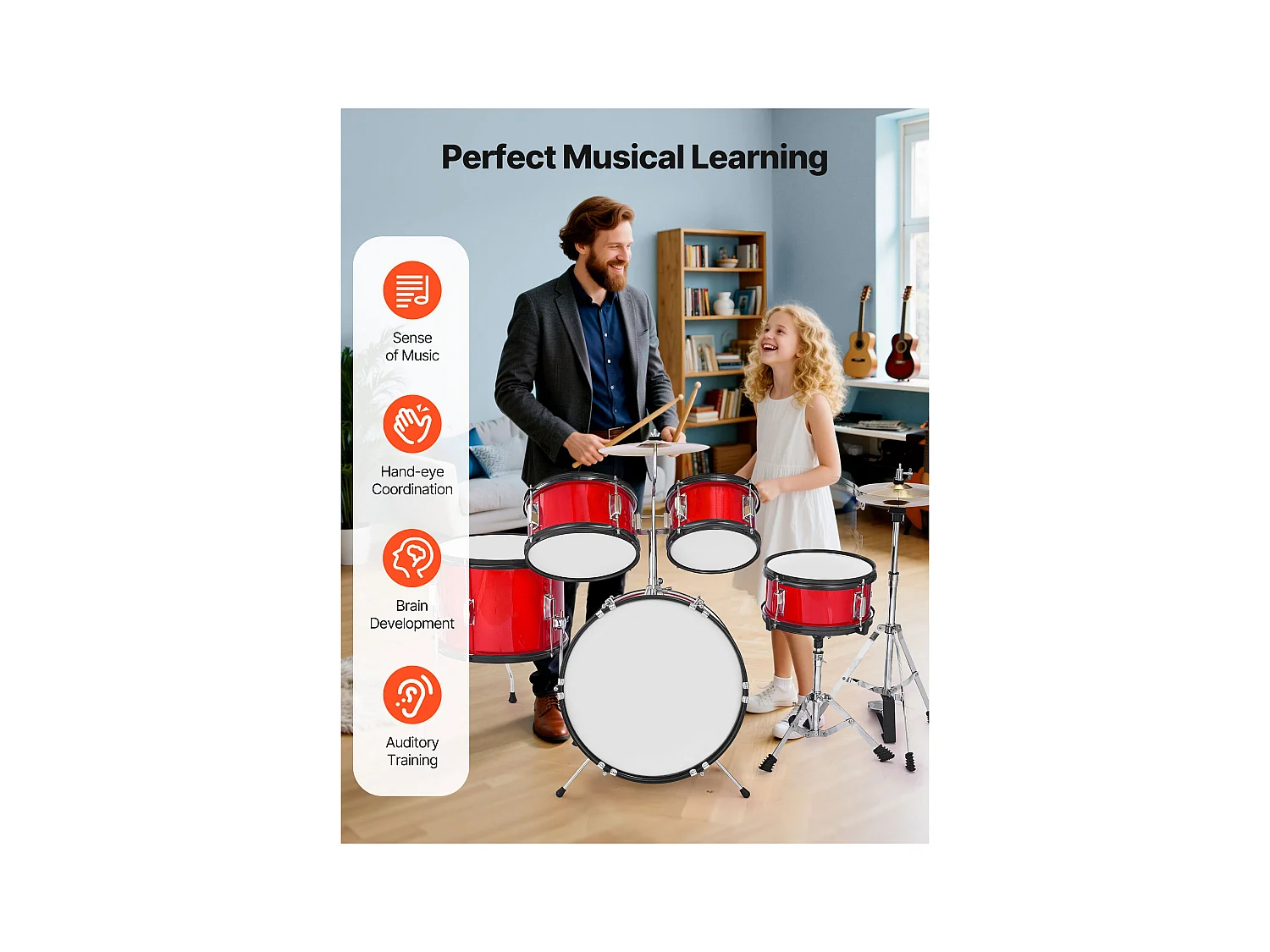 Kinder-Schlagzeug SucceBuy, 5-Teilig, Anfänger-Schlagzeug, 45 cm Bassdrum mit Tom-Tom, 25,4 cm Snare Drum, 36 cm Bassdrum, mit Sitz, Drumsticks, Rot